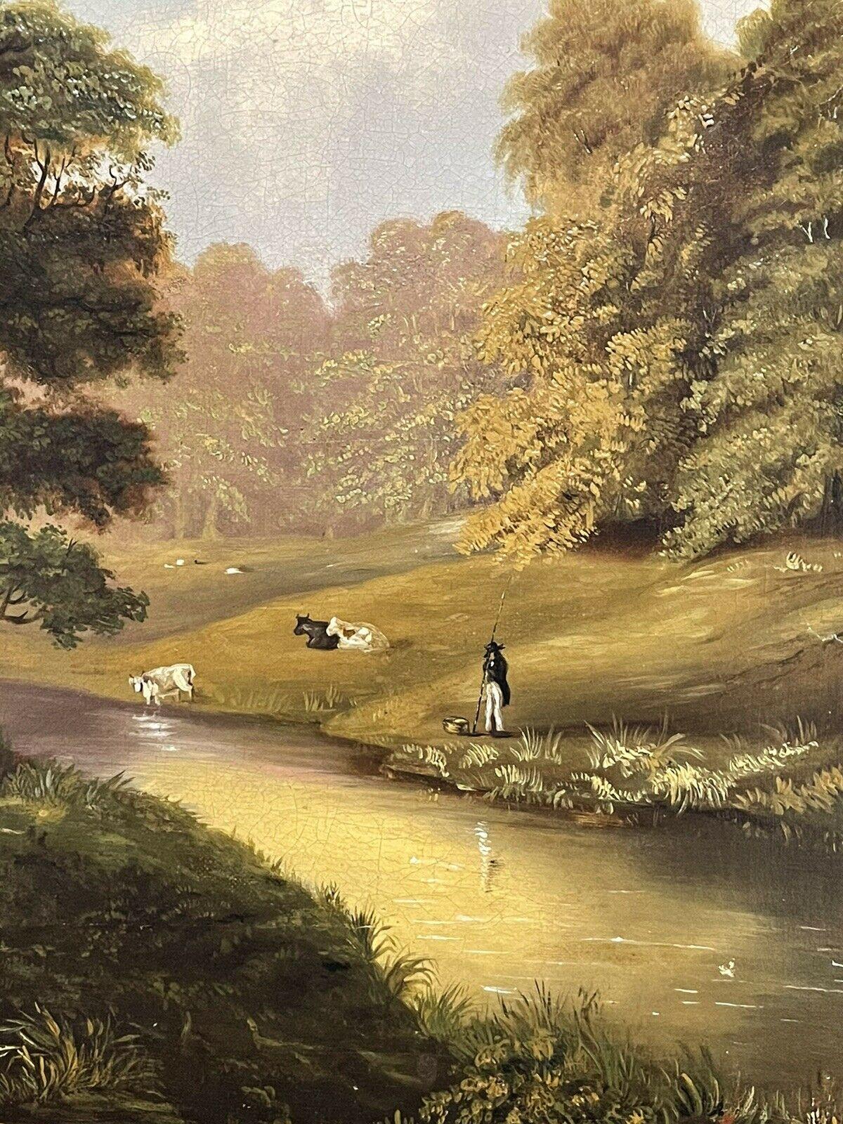 FINE 1850'S ENGLISH OIL - GENTLEMAN ANGLER ON RIVER BANK PASTORAL LANDSCAPE - Victorian Painting by Unknown