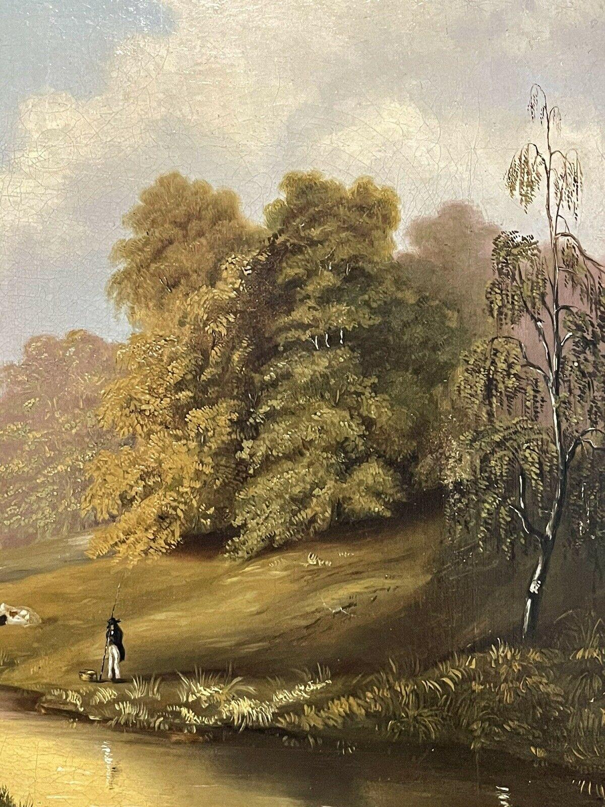 FINE 1850'S ENGLISH OIL - GENTLEMAN ANGLER ON RIVER BANK PASTORAL LANDSCAPE - Brown Figurative Painting by Unknown