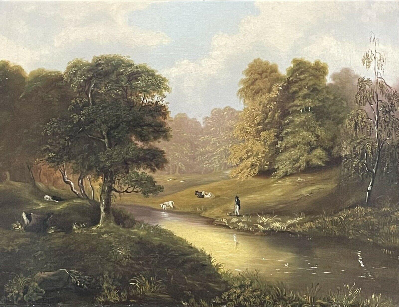 Unknown Figurative Painting - FINE 1850'S ENGLISH OIL - GENTLEMAN ANGLER ON RIVER BANK PASTORAL LANDSCAPE