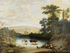 FINE 1850'S ENGLISH OIL - TRANQUIL LAKELAND LANDSCAPE CATTLE WATERING & FIGURES