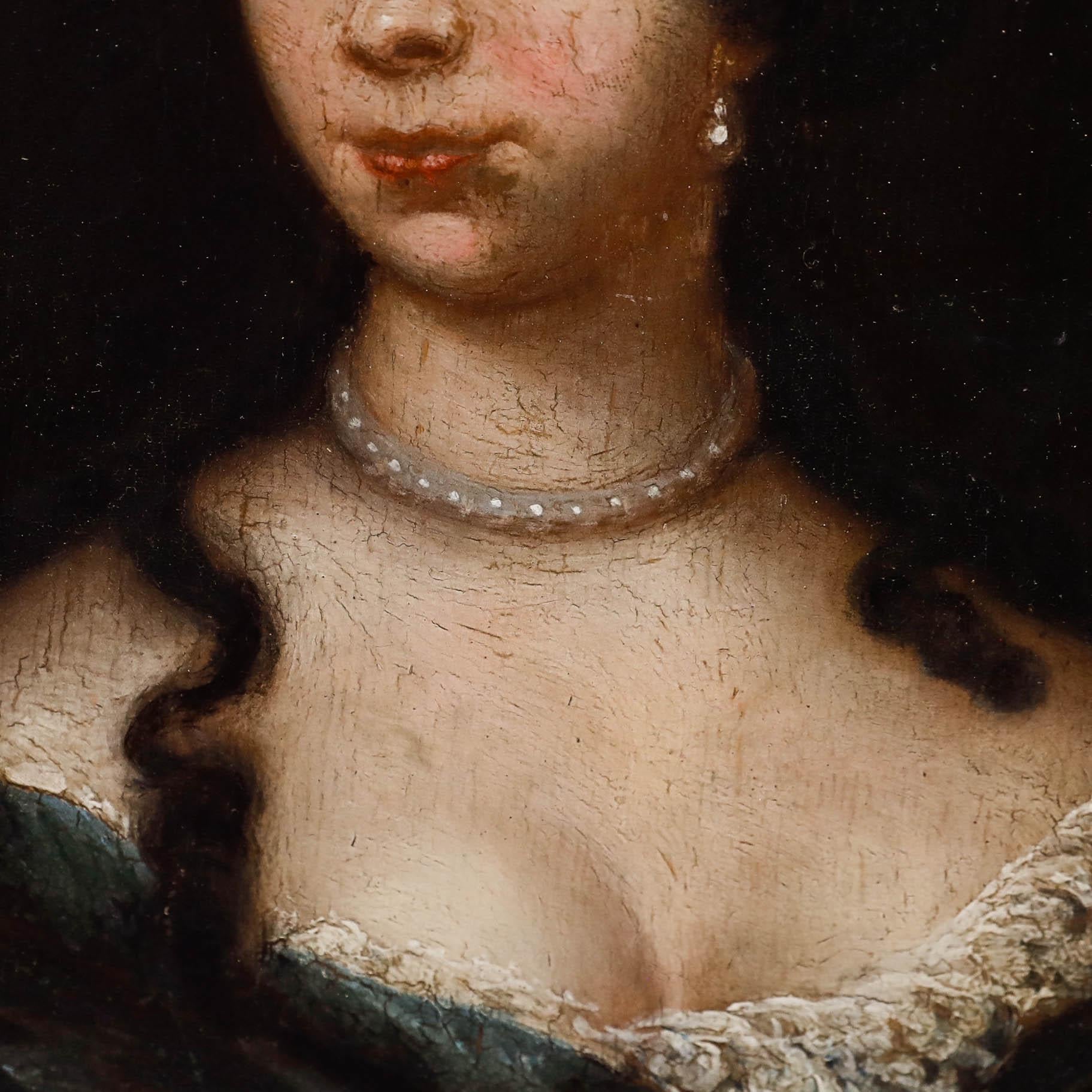 Huile fine du XVIIIe siècle - Portrait d'une dame en perles en vente 1