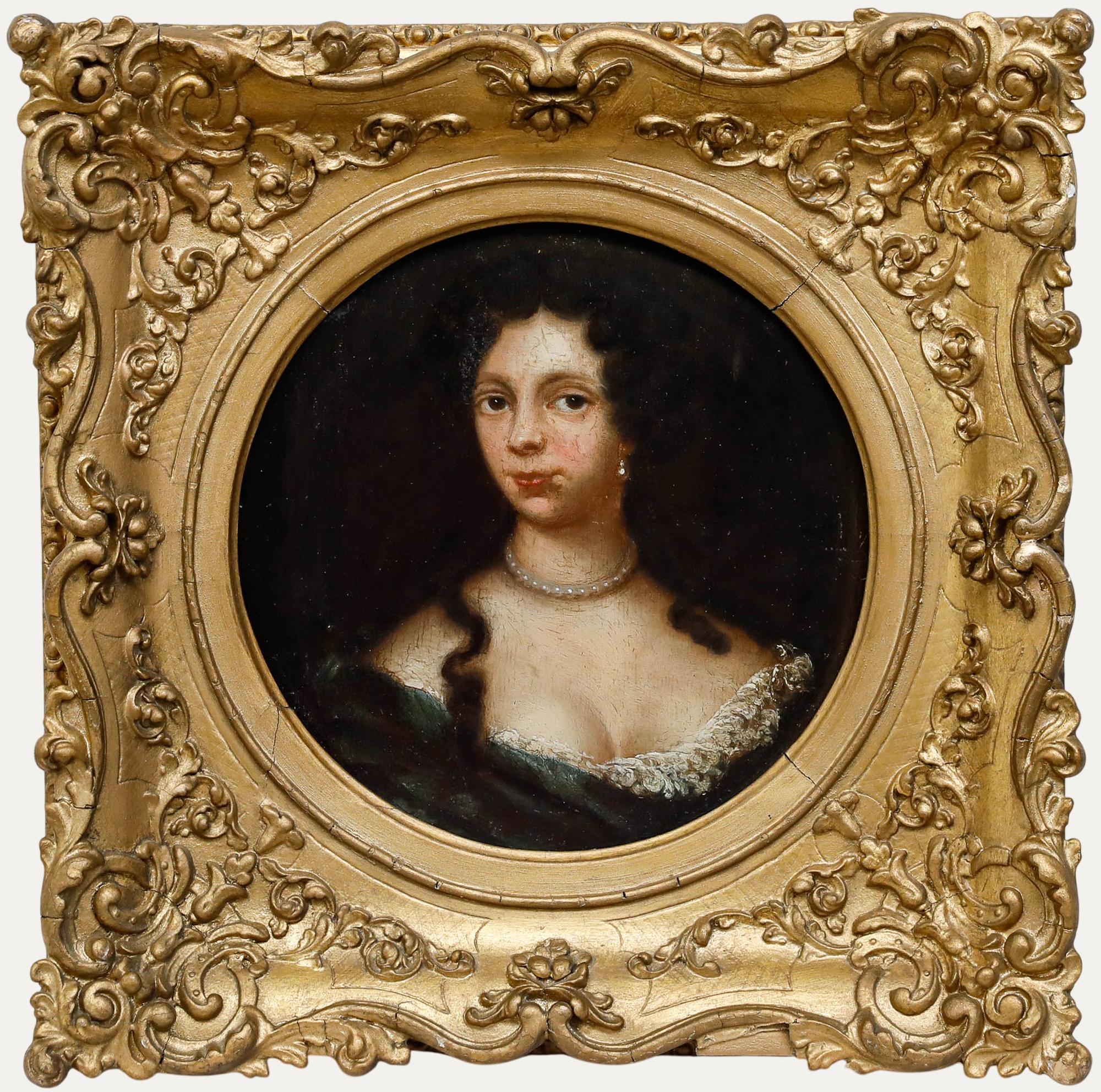 Huile fine du XVIIIe siècle - Portrait d'une dame en perles
