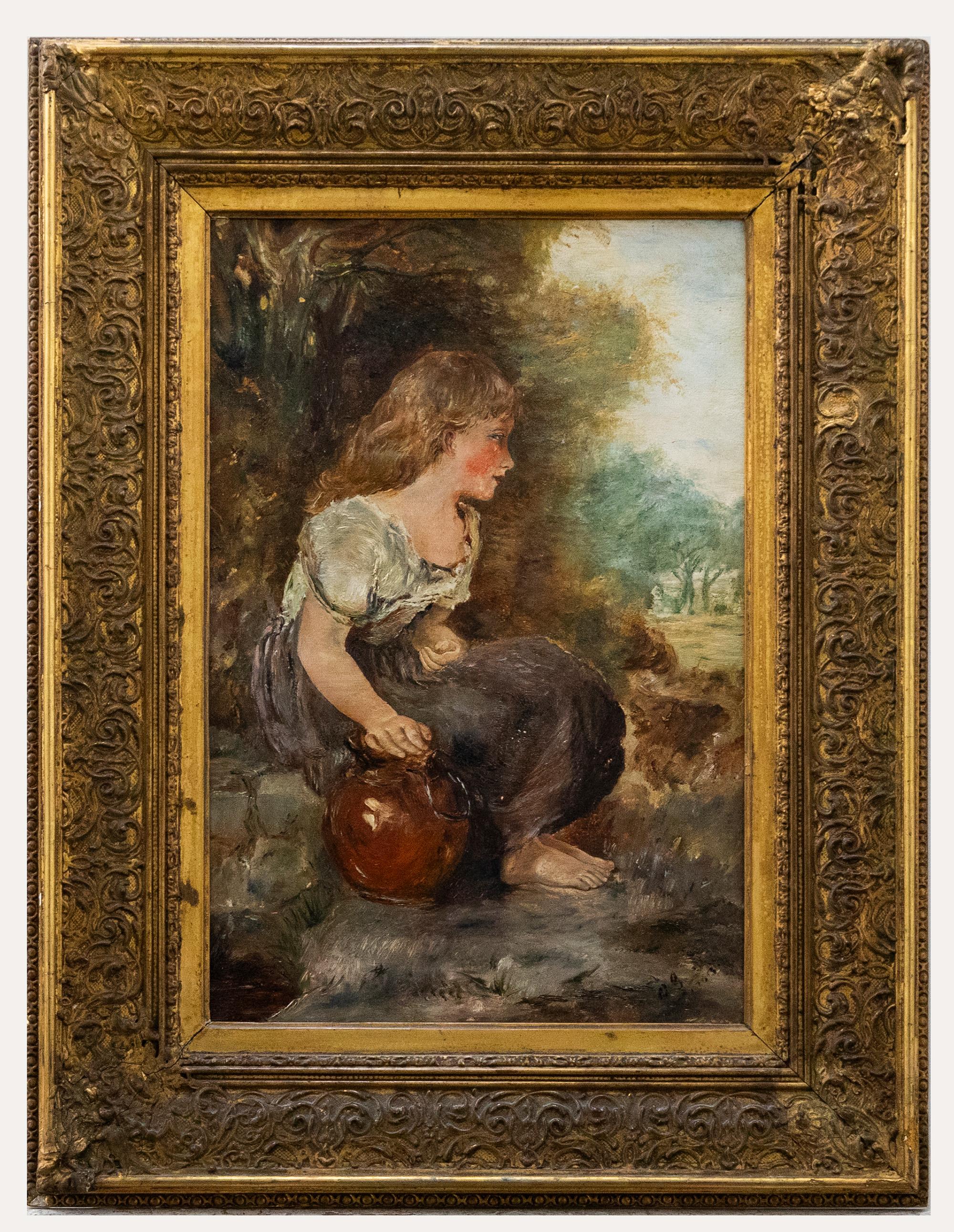 Unknown Figurative Painting - Fine 1903 Oil - Girl with a Water Jug