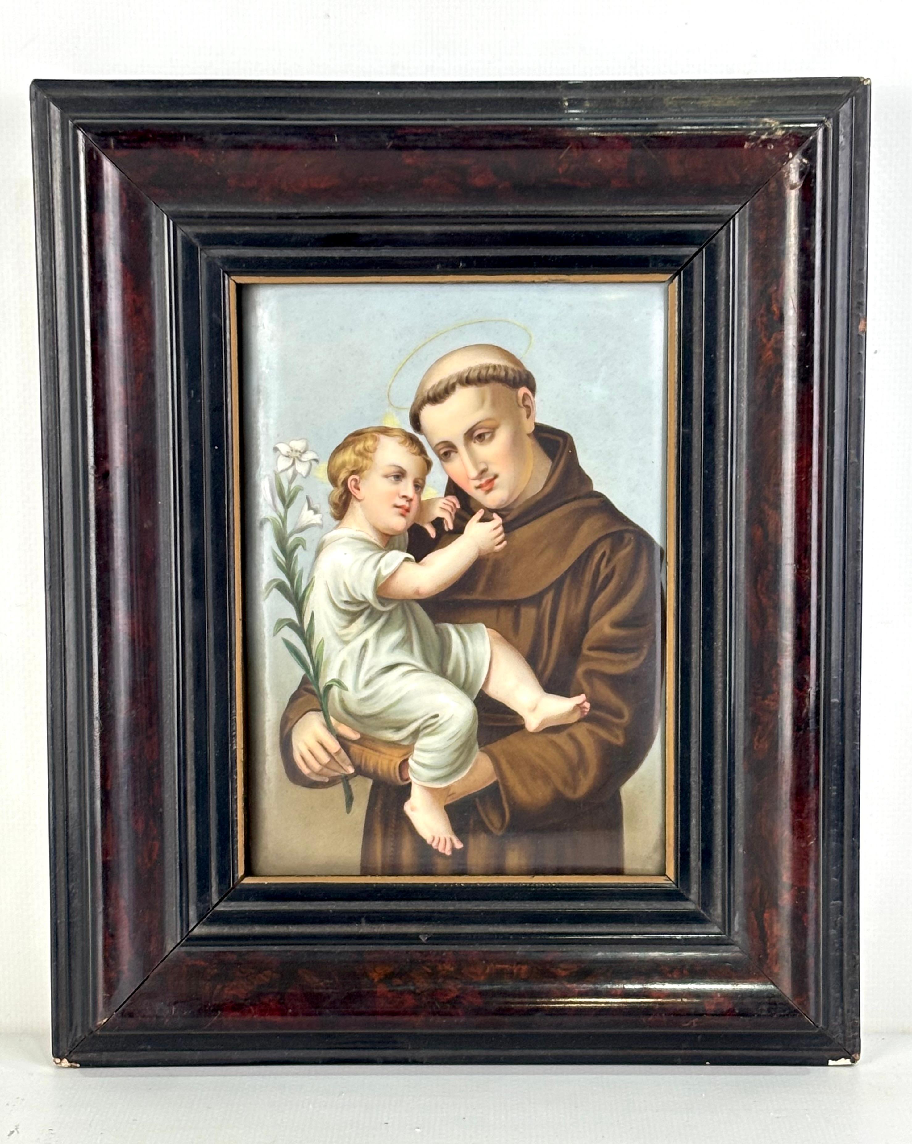 Raffinato smalto su porcellana del XIX secolo raffigurante Sant'Antonio con Cristo - Painting di Unknown