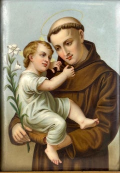 Raffinato smalto su porcellana del XIX secolo raffigurante Sant'Antonio con Cristo