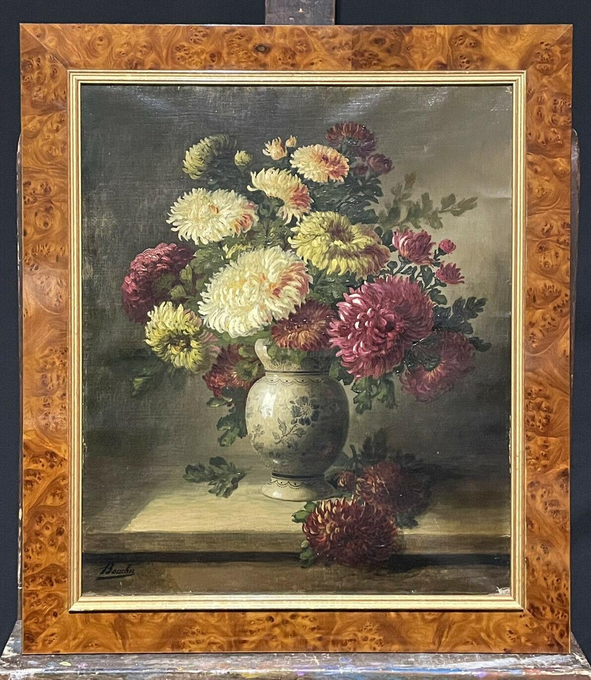 Unknown Interior Painting - FINE 19TH CENTURY FRENCH STILL LIFE FLOWERS IN ORNAMENTAL VASE - SIGNED OIL 