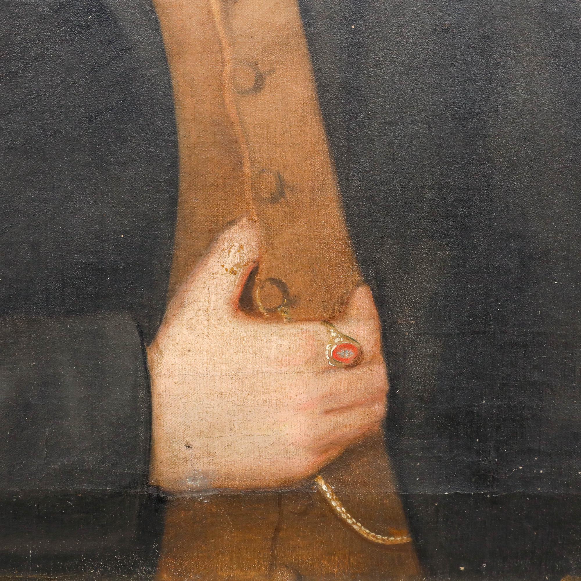 A young gentleman meets the viewer's gaze with calm assurance. Although smartly dressed, his brown waistcoat and black jacket are modest, projecting an air of rationality and humility. His hand rests against his waistcoat, drawing attention to a