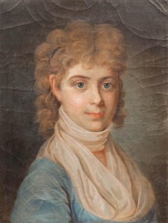 Óleo fino del siglo XIX - Retrato de una niña con rizos dorados