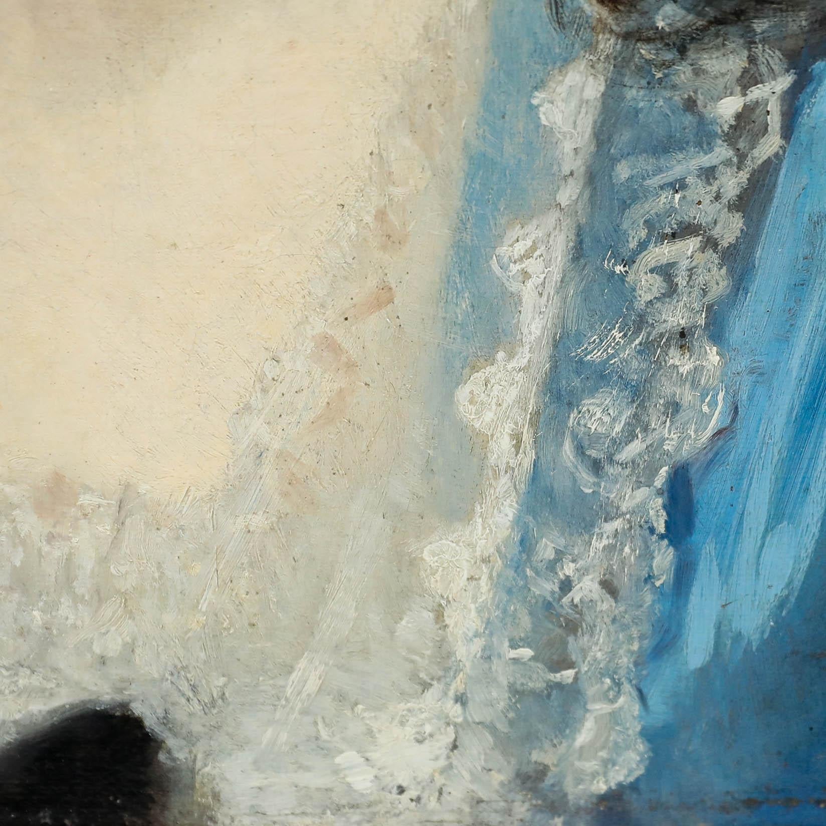 Portrait à l'huile d'une jeune femme de profil, datant de la seconde moitié du siècle, d'une grande finesse. La modèle porte une robe céruléenne soyeuse ornée d'une dentelle délicate et d'un nœud de velours noir. Sa peau de porcelaine s'illumine