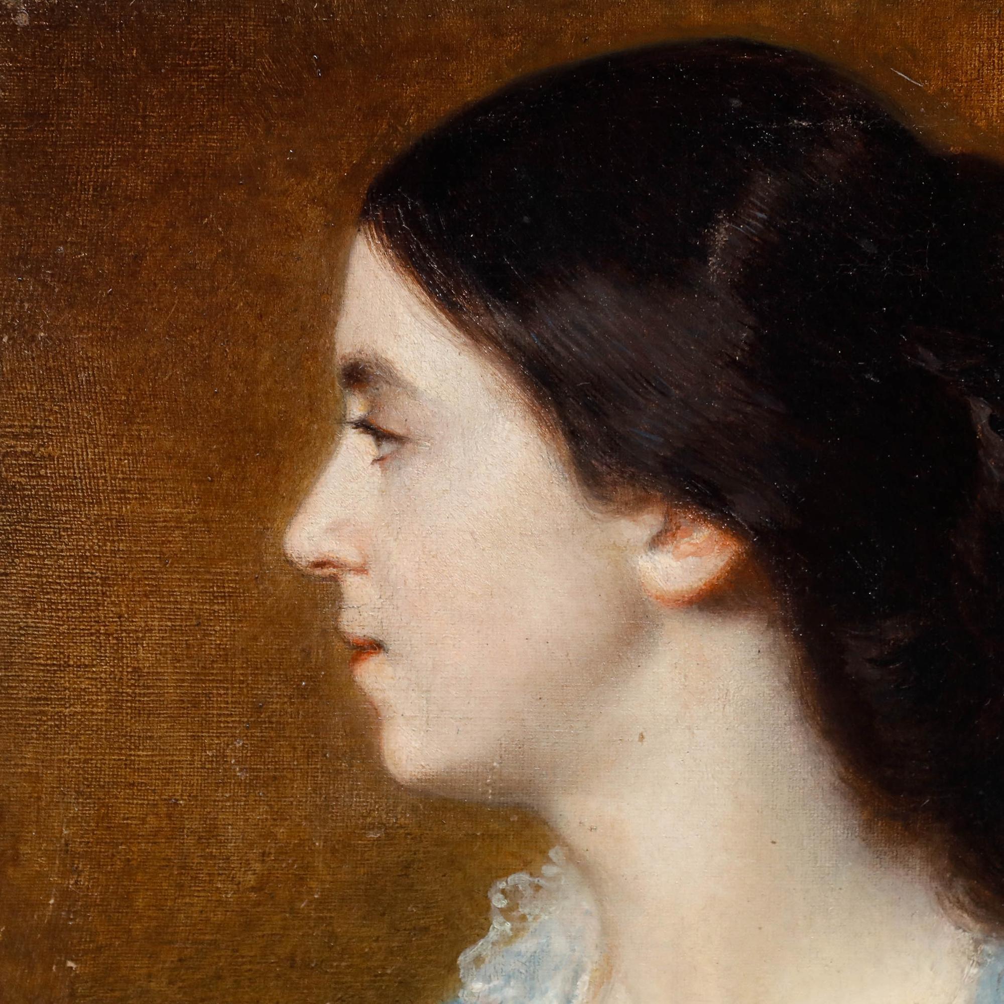 Belle huile du 19e siècle - Portrait d'une dame de profil en vente 1