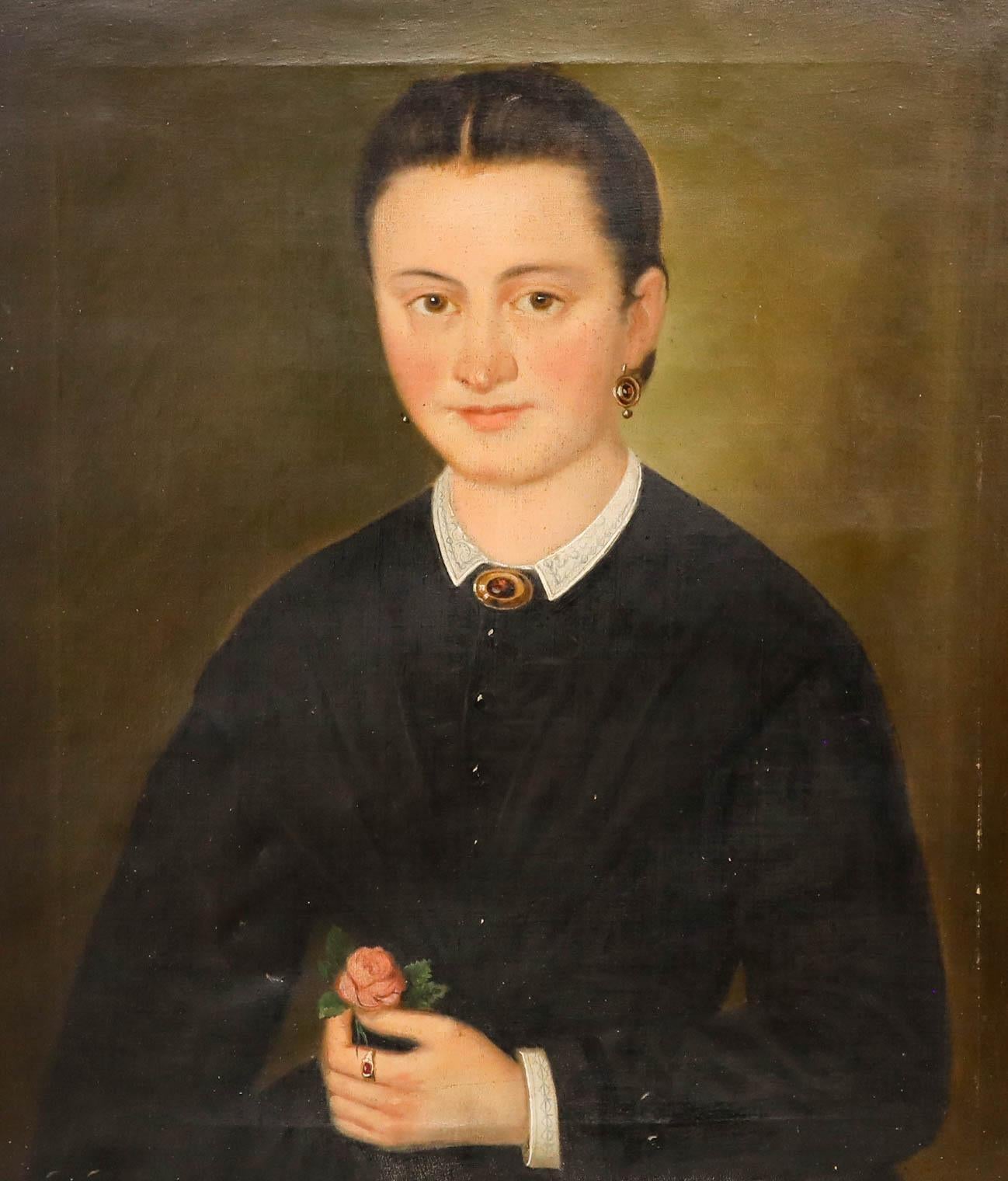 Fine 19th Century Oil - Portrait of a Lady with a Rose - Painting by Unknown