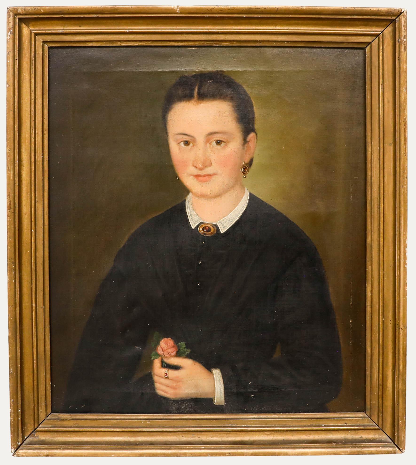 Unknown Portrait Painting - Fine 19th Century Oil - Portrait of a Lady with a Rose