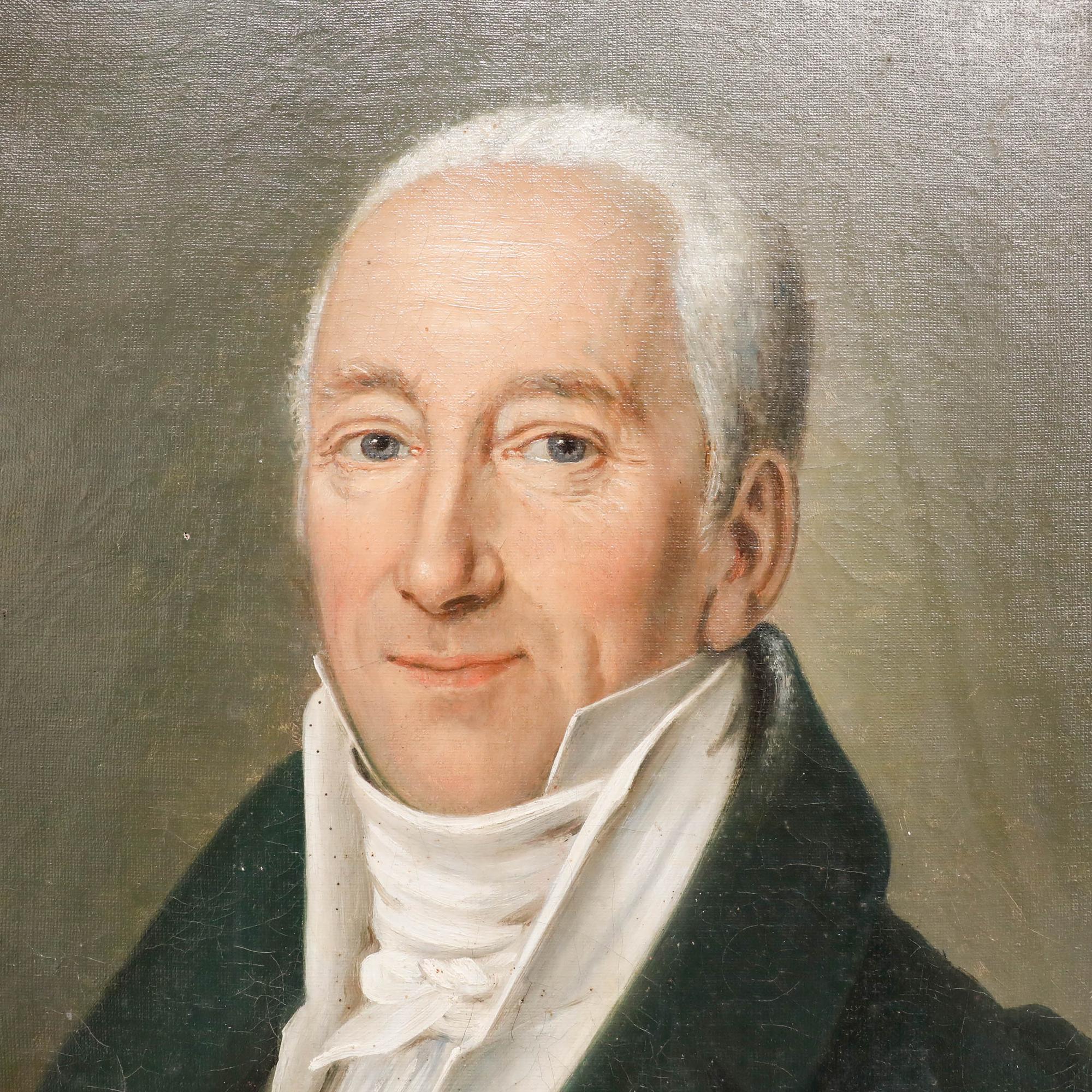 This formal portrait depicts a smartly dressed gentleman with a gentle, welcoming smile. A French inscription to the reverse identifies the sitter as Louis Lesourd, born 1762. Unsigned. On canvas on stretchers.