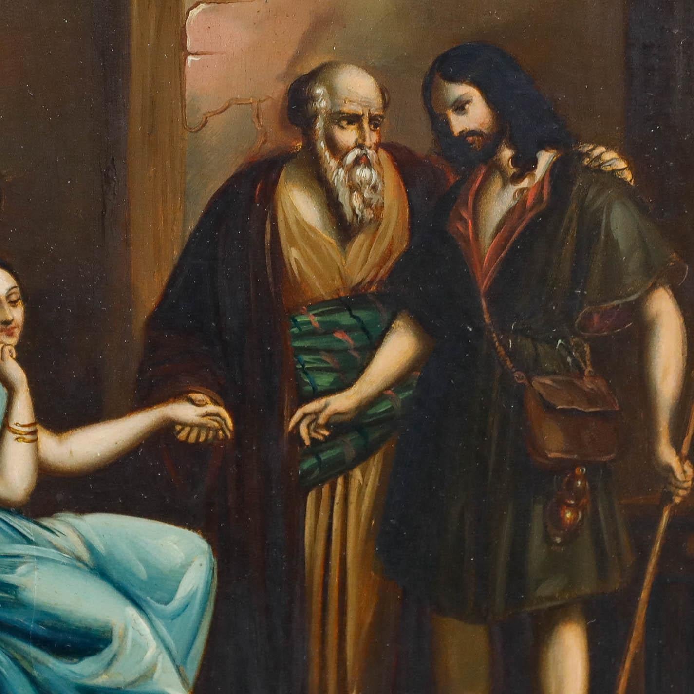 Ein außergewöhnlich schönes Ölgemälde aus dem 19. Jahrhundert, das eine klassische Szene zeigt, in der ein Vater um die Hand seiner Tochter anhält, während ihre Schwester mit Freude zusieht. Die Komposition ist besonders lebendig, und die exquisite