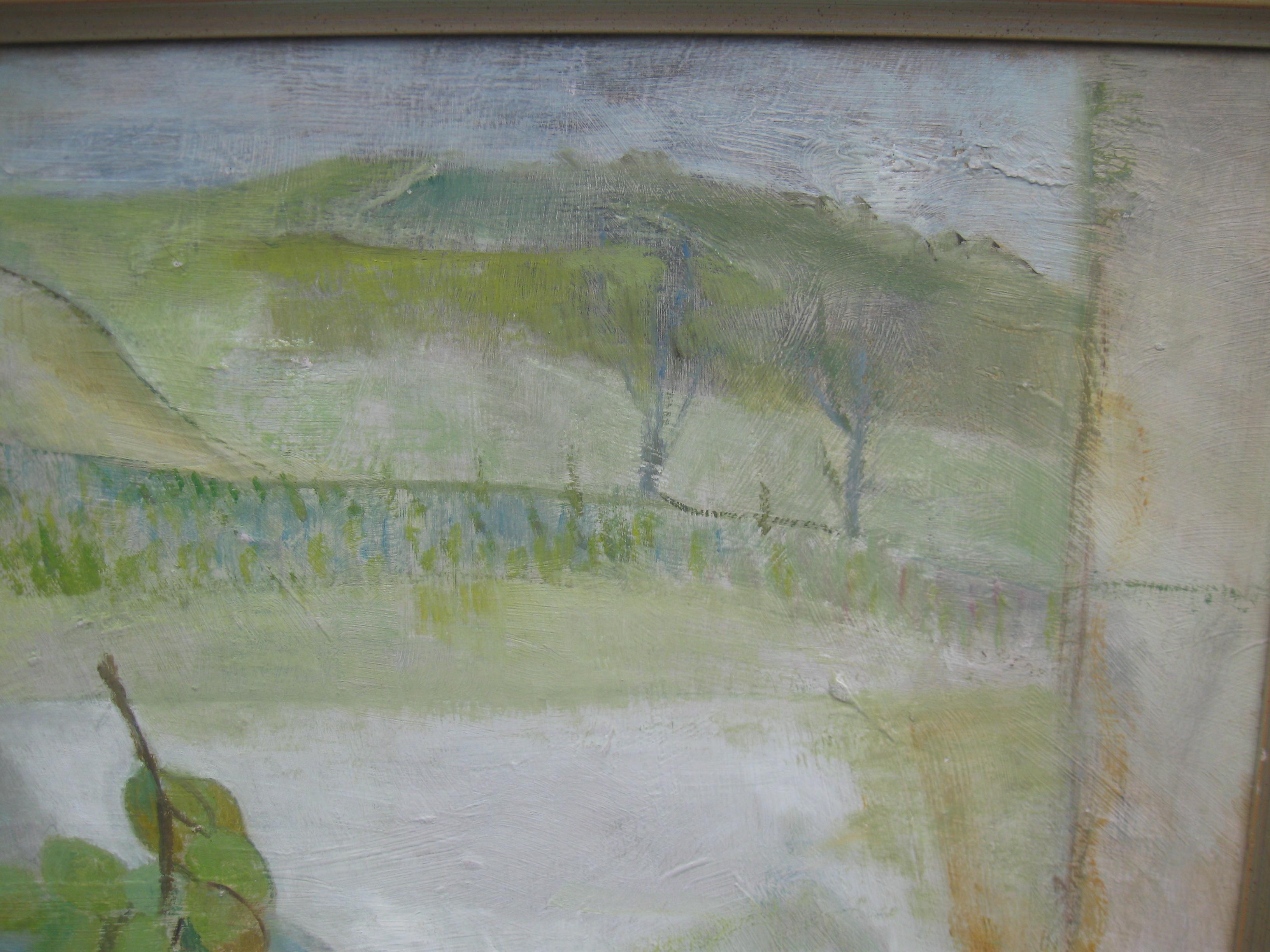 Bodegón postimpresionista/modernista con paisaje al óleo - Still-Life Painting Gris de Unknown