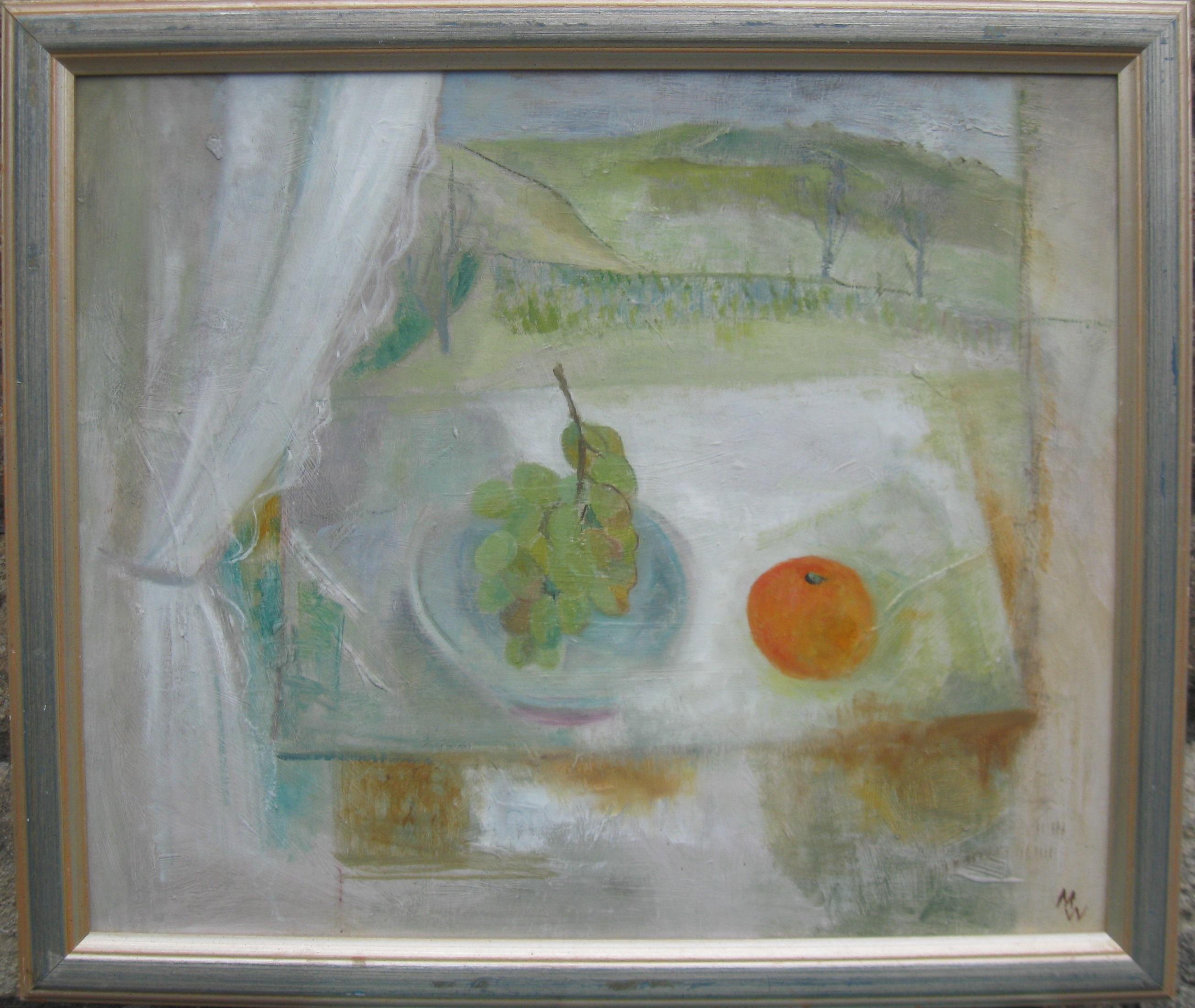 Unknown Still-Life Painting - Post Impressionist/ Modernist Still Life with Landscape oil 
