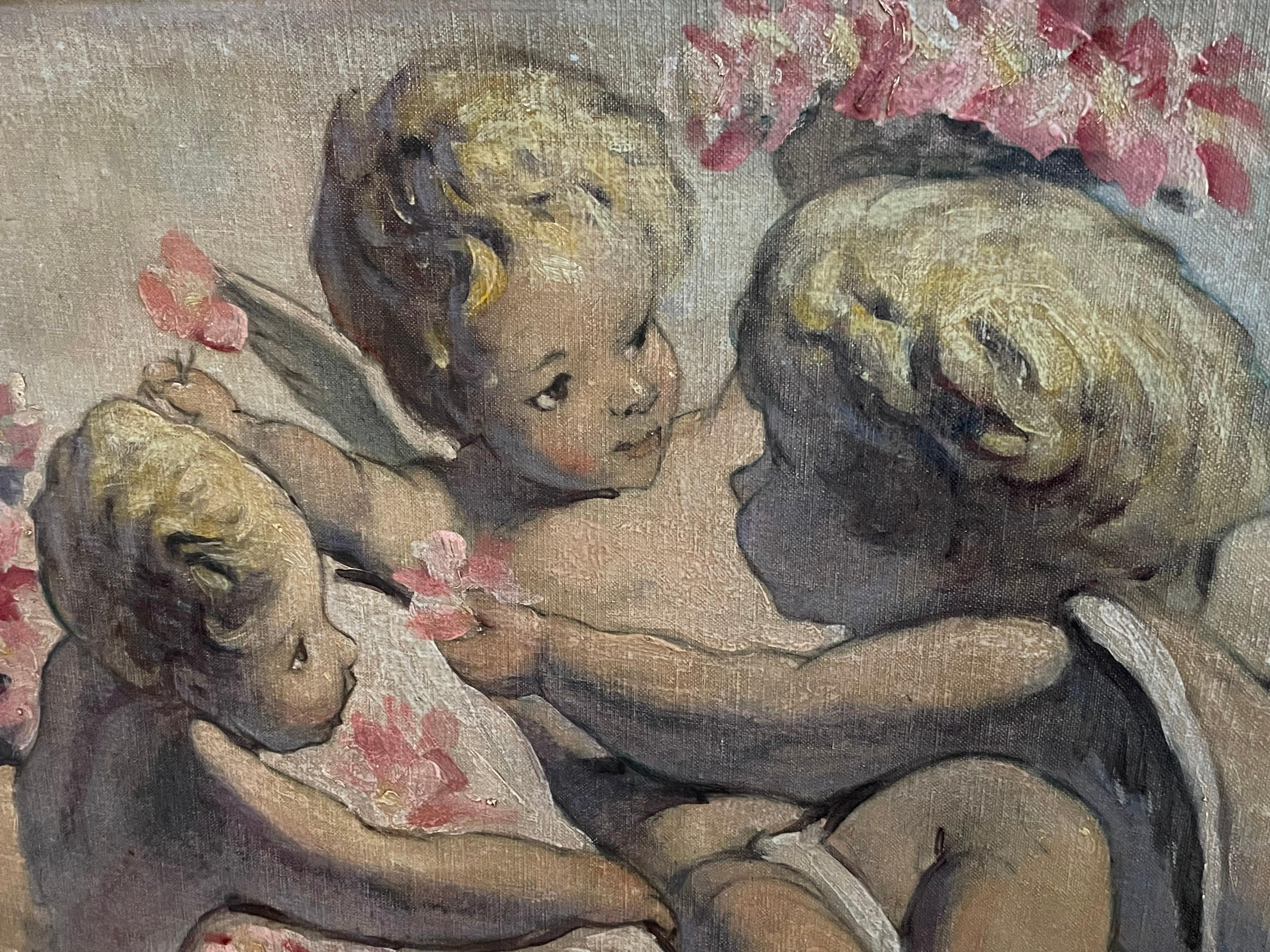 Antikes französisches Rokoko-Ölgemälde mit Schnörkeln, Cherubim Playing - über Tür im Angebot 3