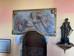 Fine Antique French Rococo Scrolled Oil Painting Cherubim Playing - over door