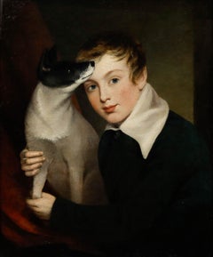 Óleo fino de la escuela británica del siglo XIX - Niño con Terrier