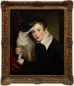 Óleo fino de la escuela británica del siglo XIX - Niño con Terrier