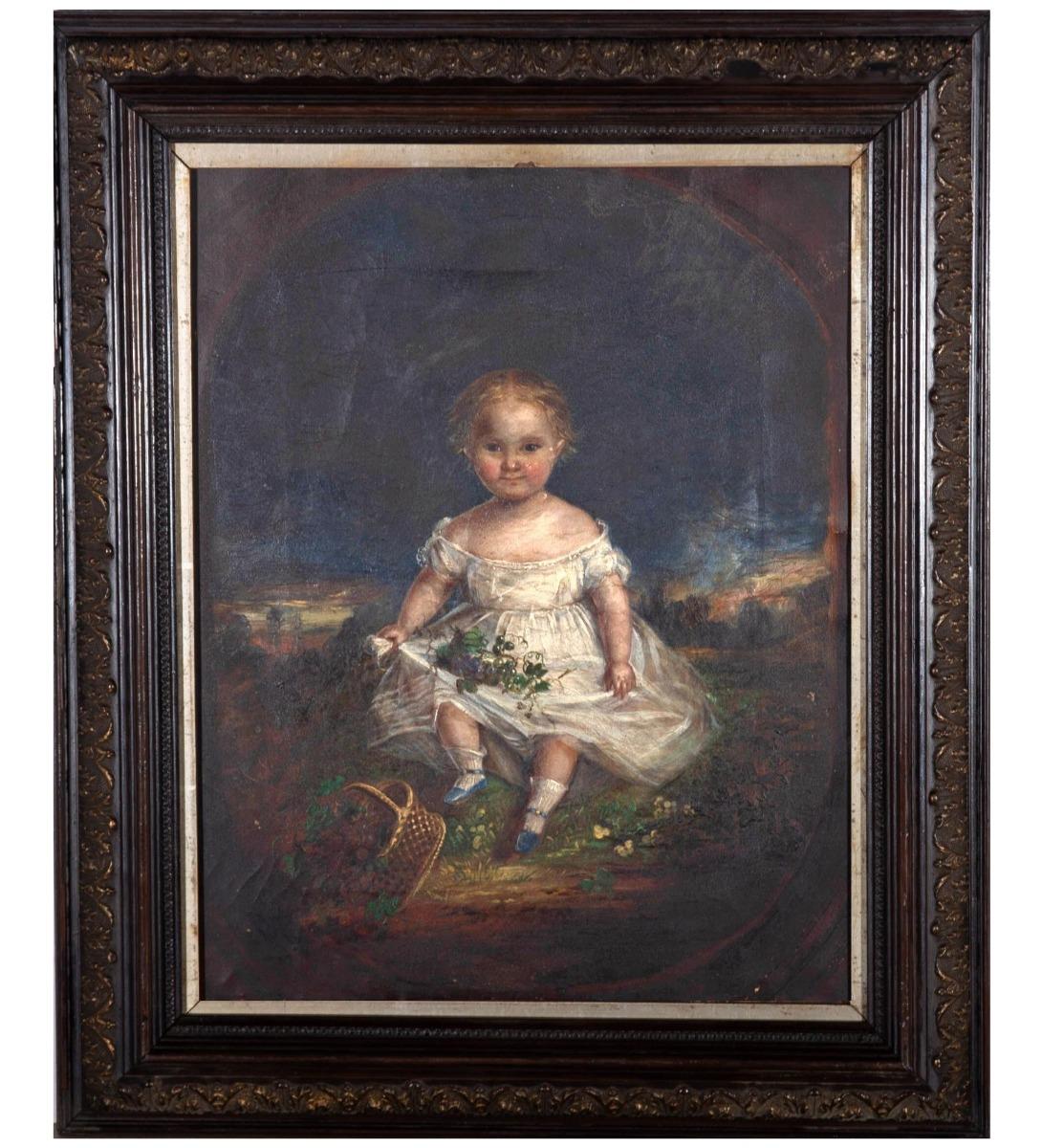 Fine c. 1844 Oil - Child With Grapes 1