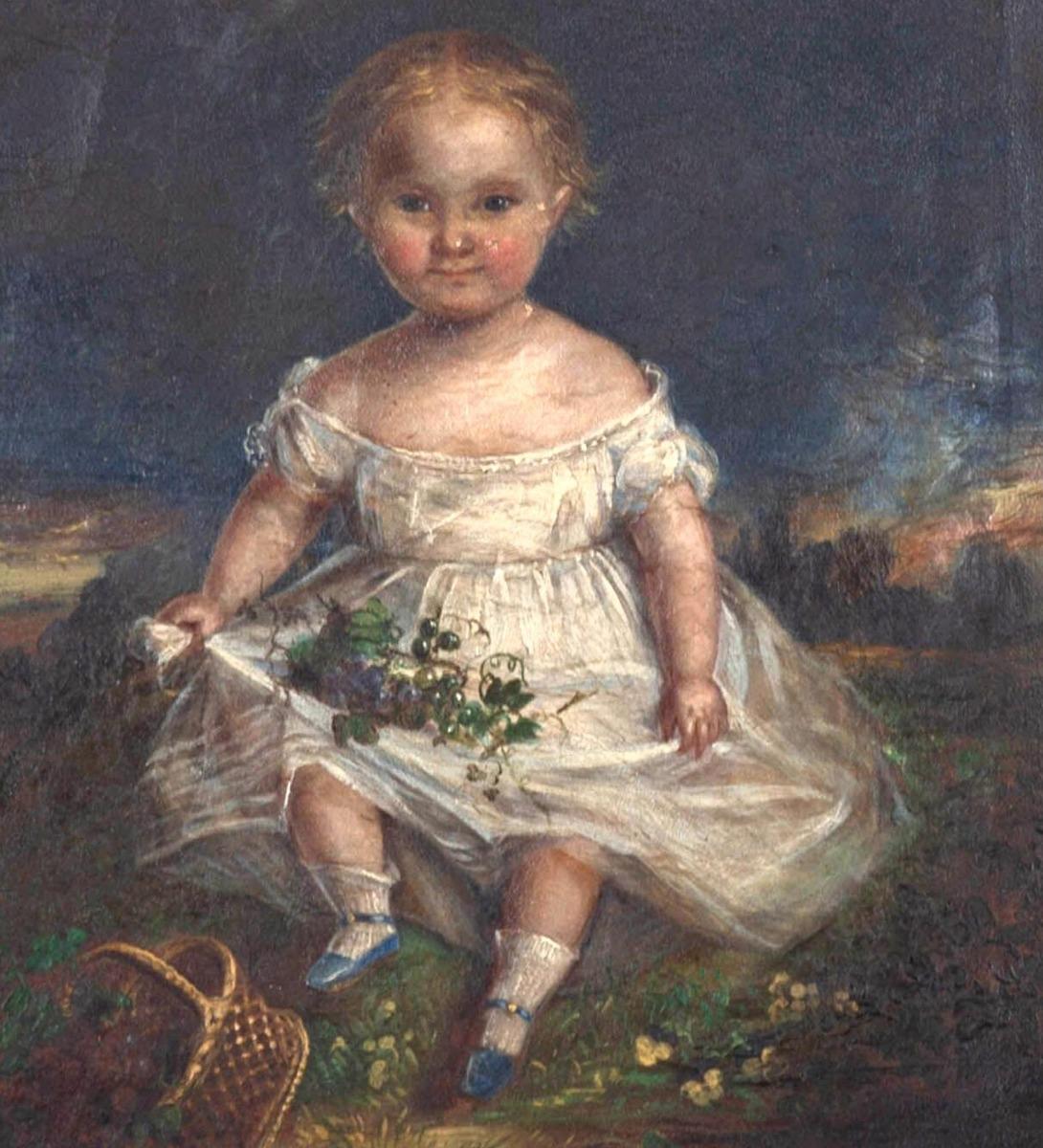 Fine c. 1844 Oil - Child With Grapes 2