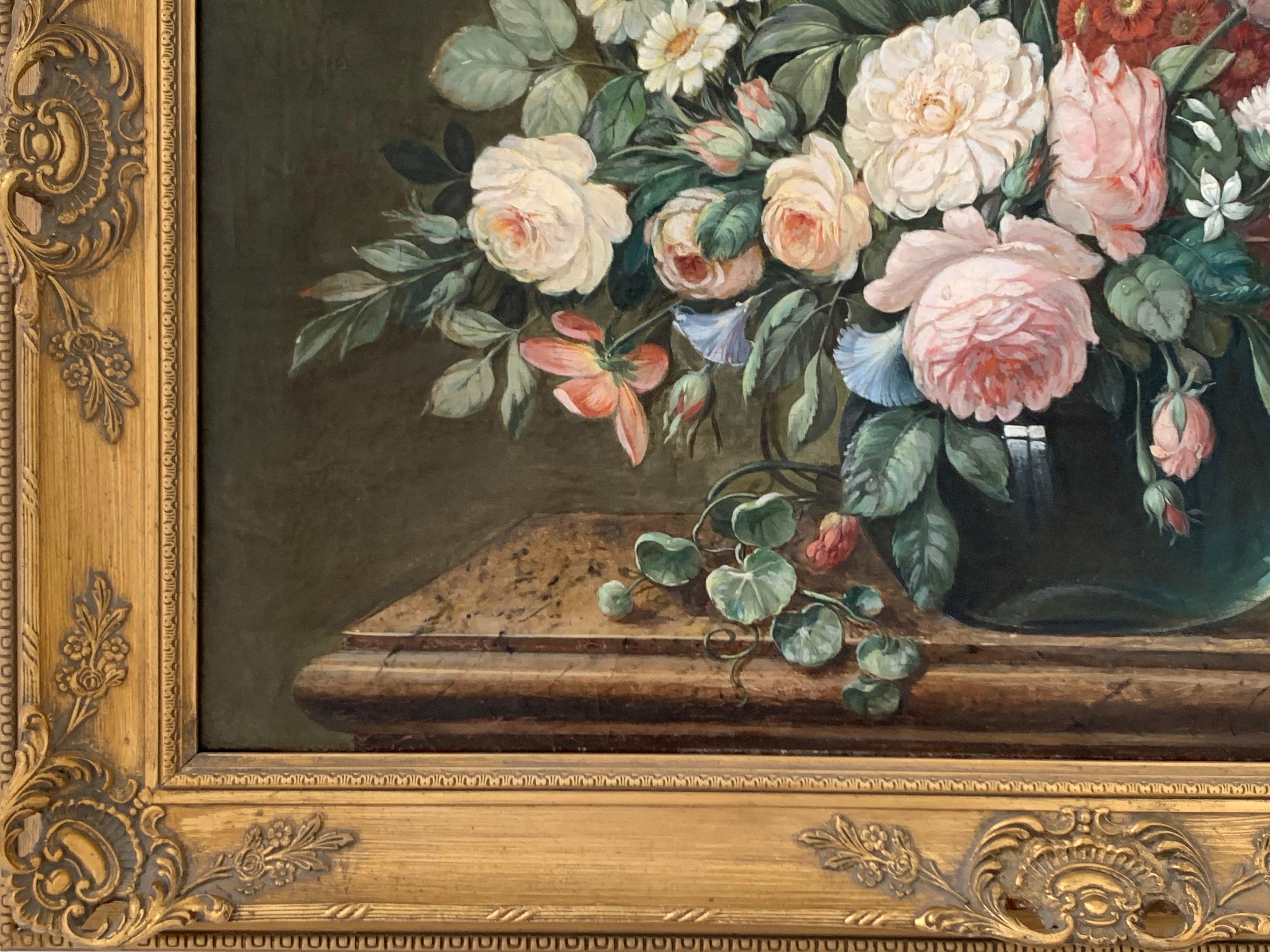 FINE C.1800'S ENGLISH OLD MASTER STILL LIFE FLOWERS - LARGE OIL PAINTING FRAMED 2