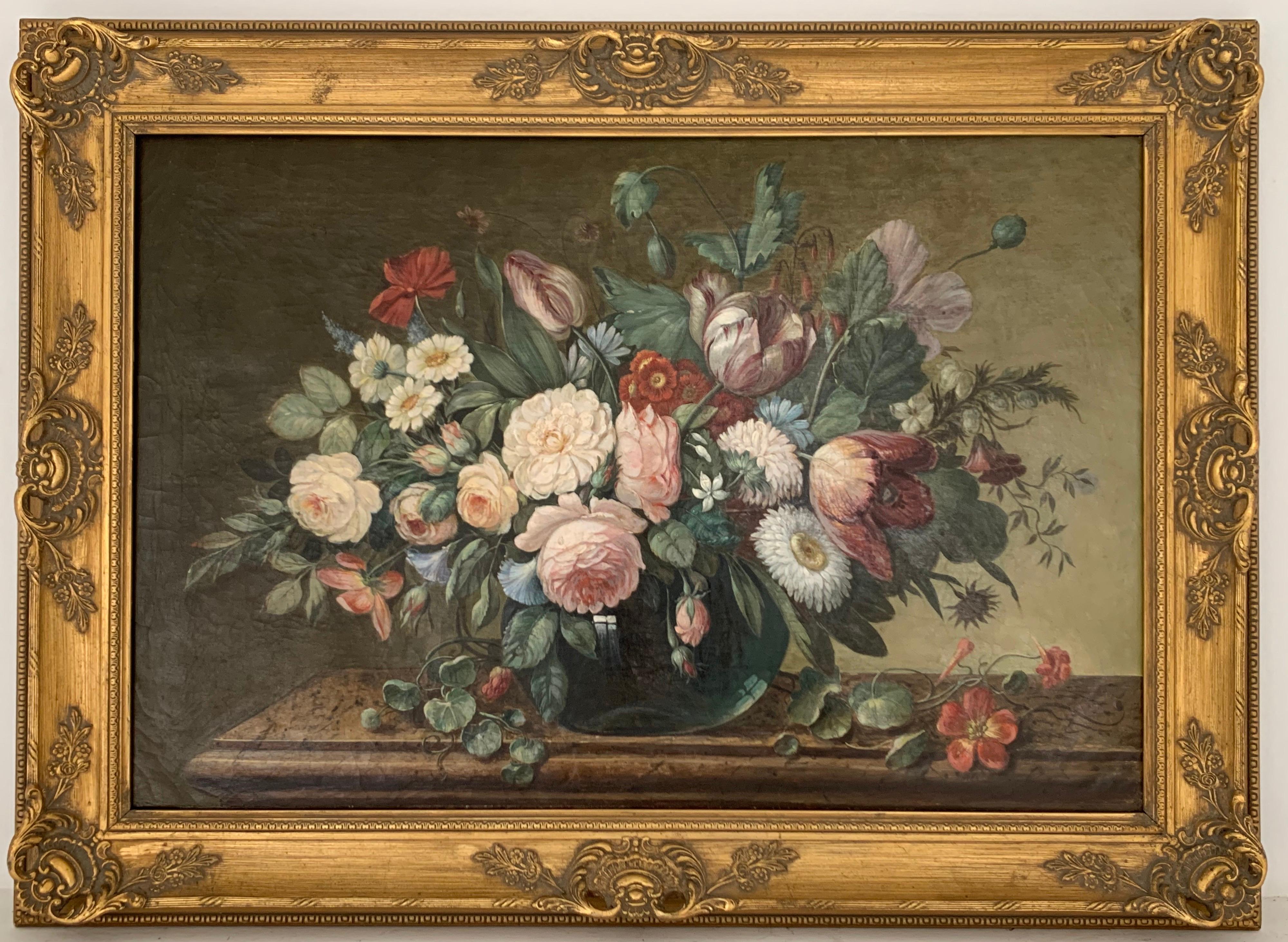 FINE C.1800'S ENGLISH OLD MASTER STILL LIFE FLOWERS - LARGE OIL PAINTING FRAMED - Painting by Unknown