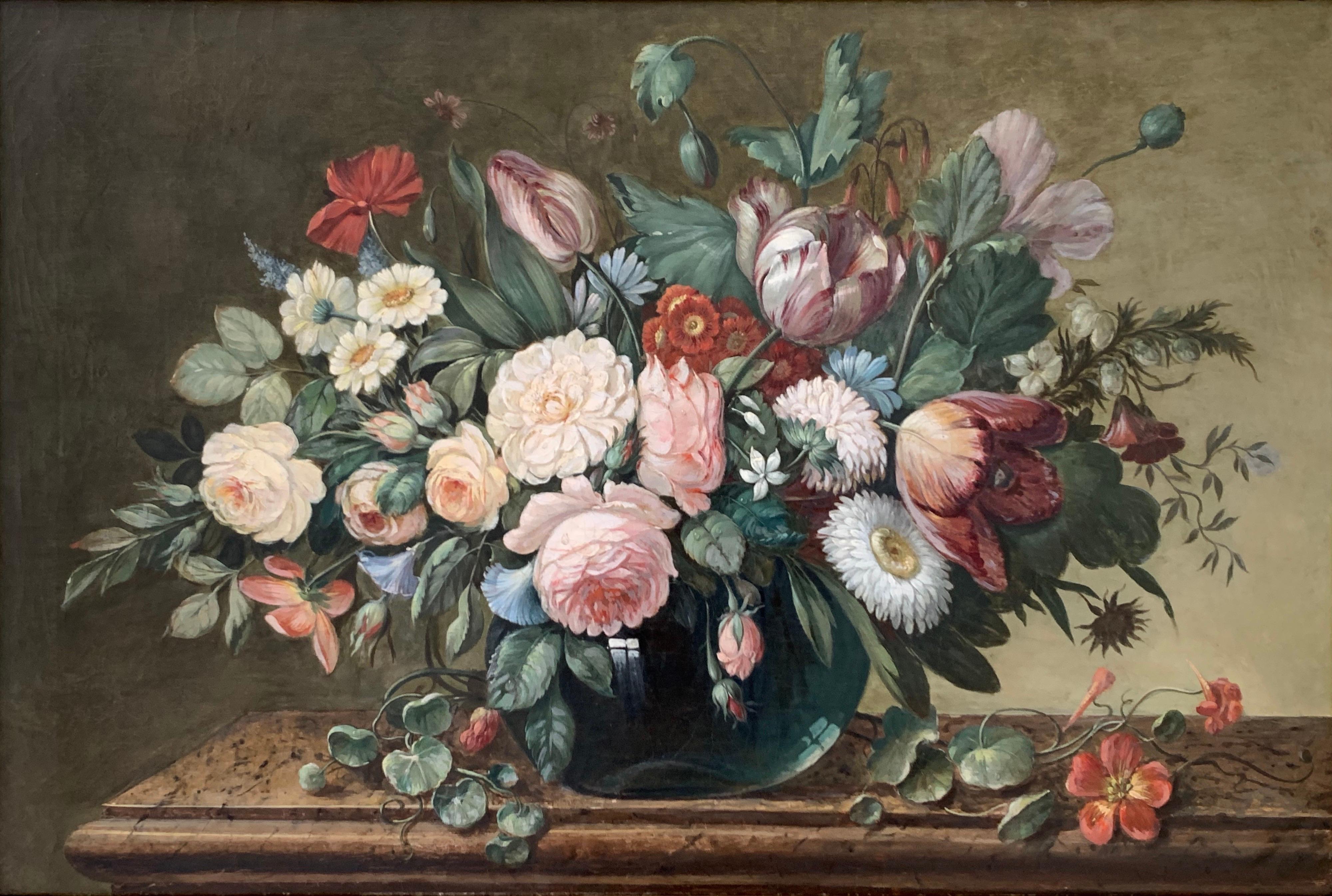 Unknown Interior Painting - FINE C.1800'S ENGLISH OLD MASTER STILL LIFE FLOWERS - LARGE OIL PAINTING FRAMED