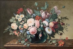 FINE C.1800'S ENGLISH OLD MASTER STILL LIFE FLOWERS - LARGE OIL PAINTING FRAMED