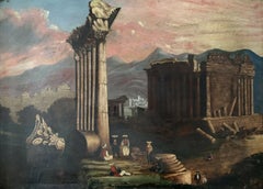 FINE CLASSICAL 1850'S GRAND TOUR OIL - CLASSICAL ROMAN RUINS TURKISH LANDSCAPE