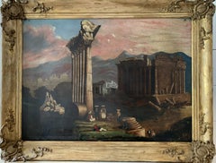 FINE CLASSICAL 1850'S GRAND TOUR OIL - CLASSICAL ROMAN RUINS TURKISH LANDSCAPE