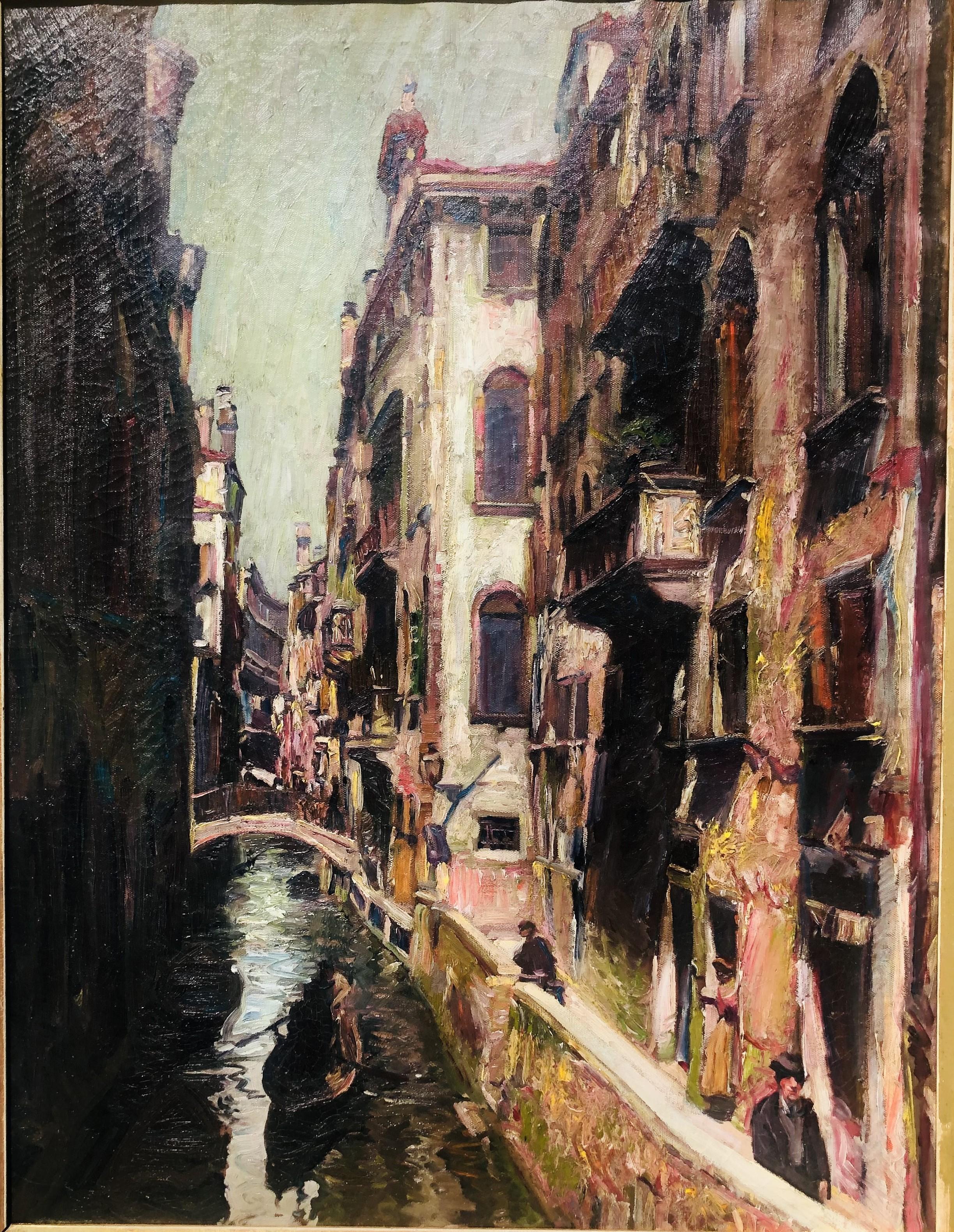 Here is a fine, early American Impressionist painting of a Venetian Canal. The painting is oil on canvass measuring 36
