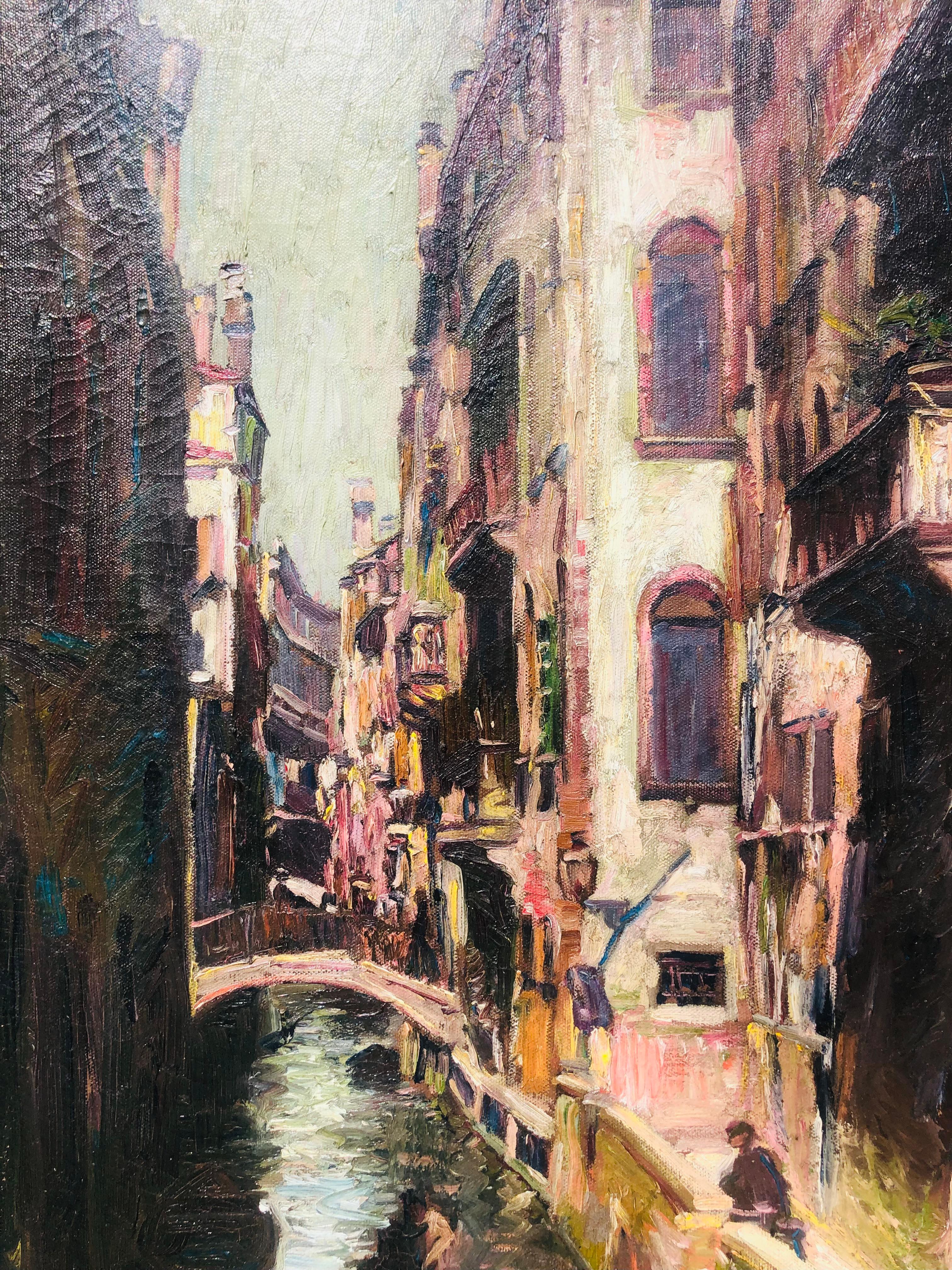 Fine EARLY 1898 American Impressionist O/C Venetian Canal Scene / Gilded Frame For Sale 1