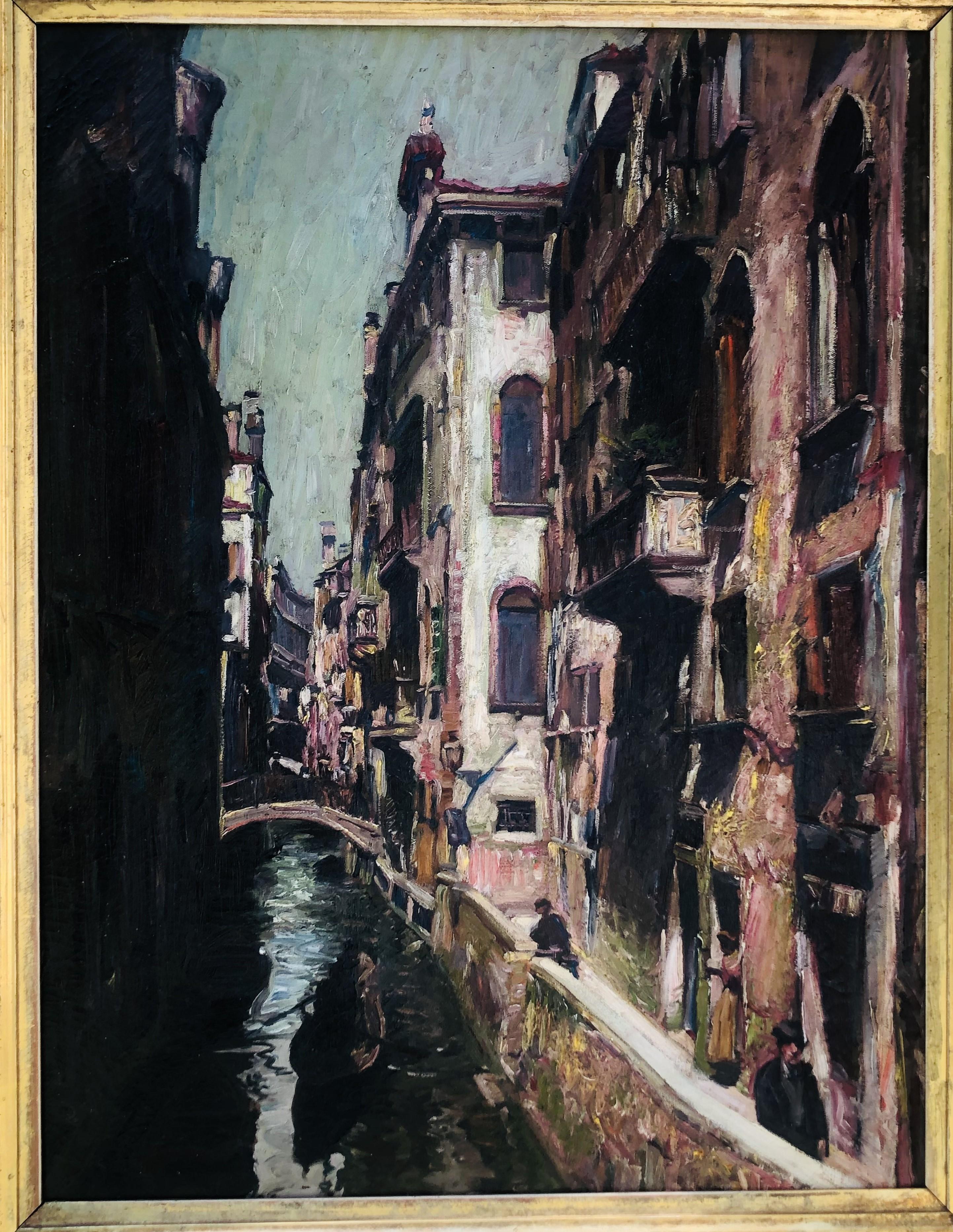 Fine EARLY 1898 American Impressionist O/C Venetian Canal Scene / Gilded Frame For Sale 4