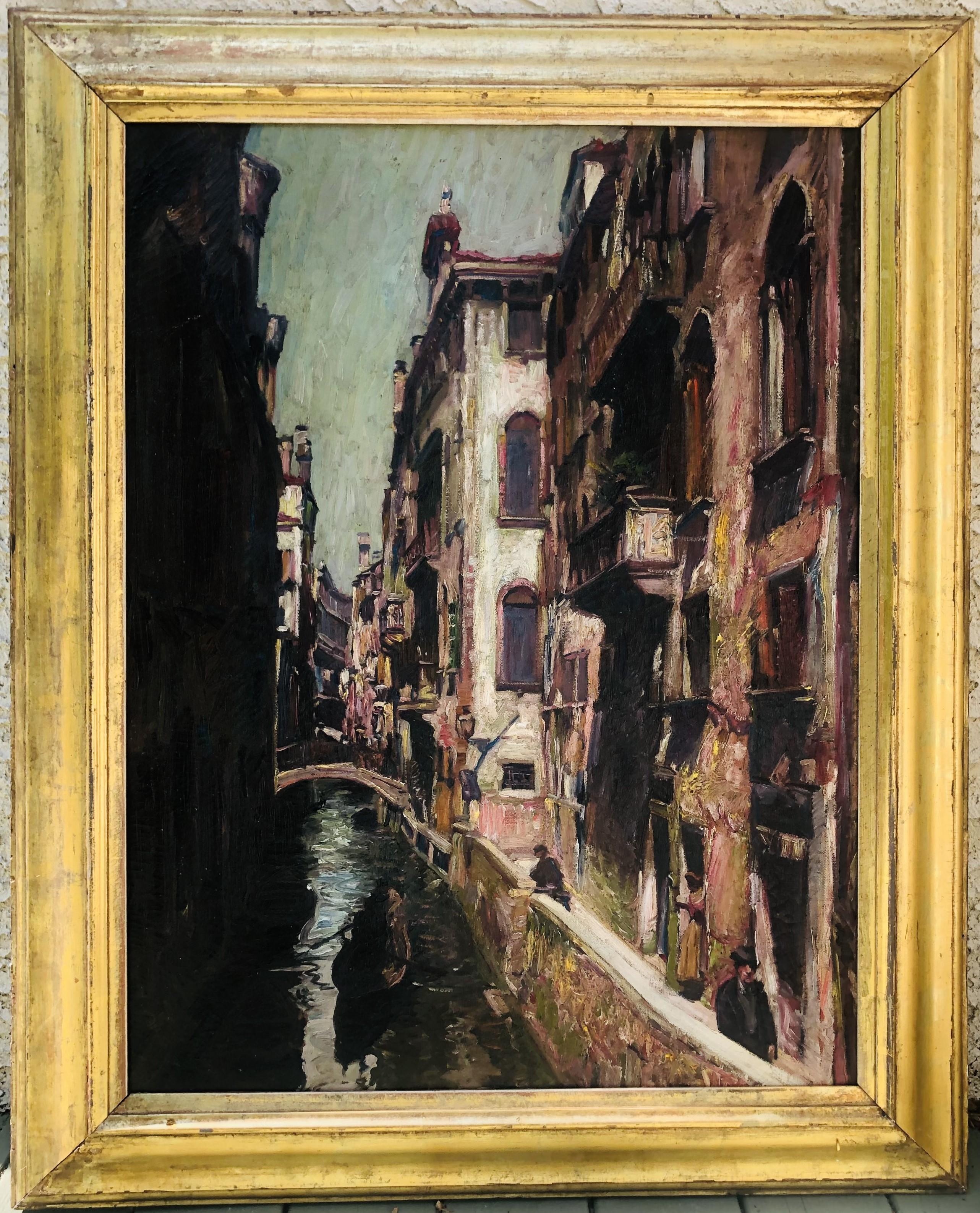 Unknown Landscape Painting - Fine EARLY 1898 American Impressionist O/C Venetian Canal Scene / Gilded Frame