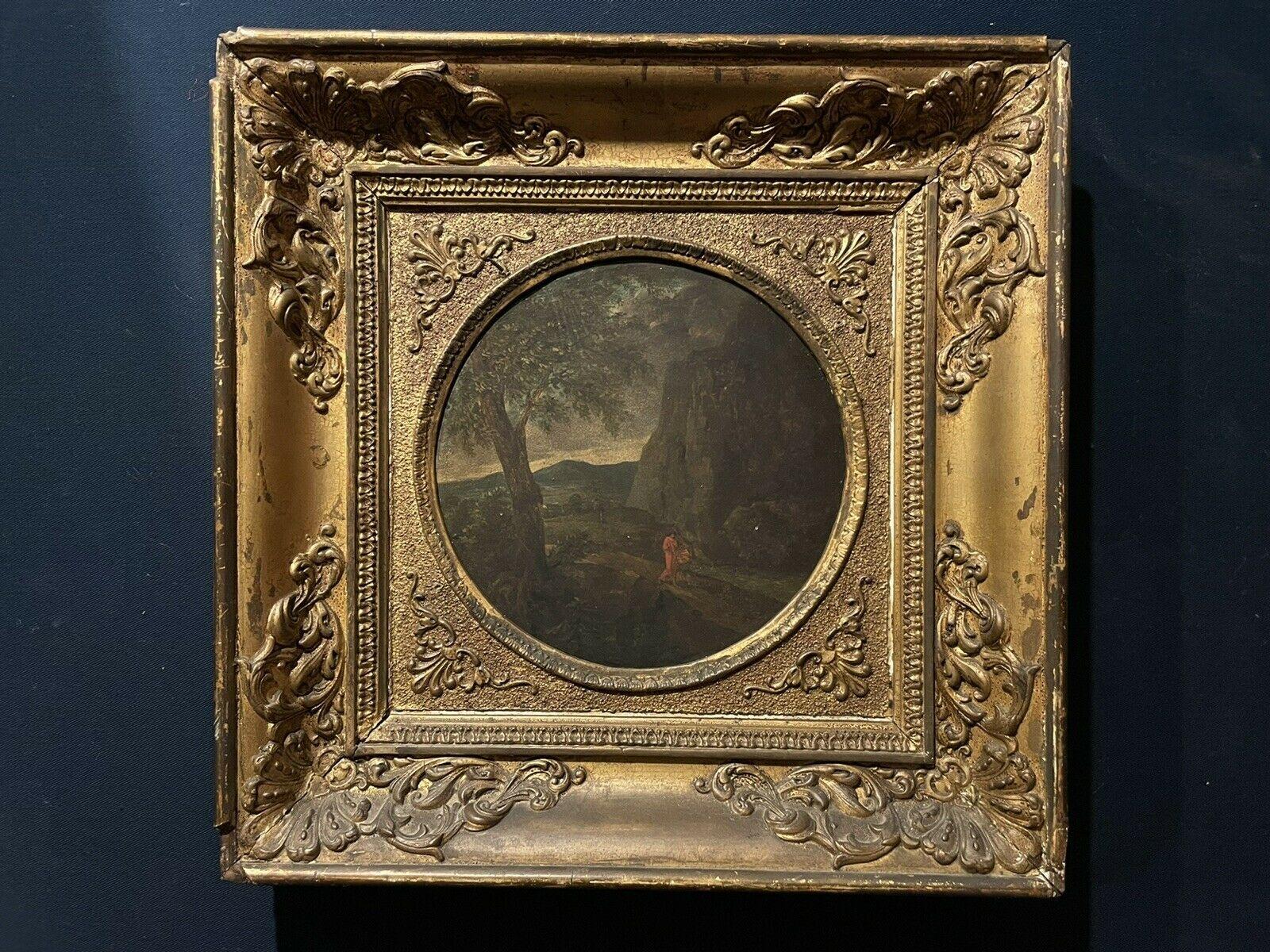FINE EARLY 18TH CENTURY FLEMISH OLD MASTER OIL ON TONDO WOOD PANEL - TRAVELLER - Painting by Unknown