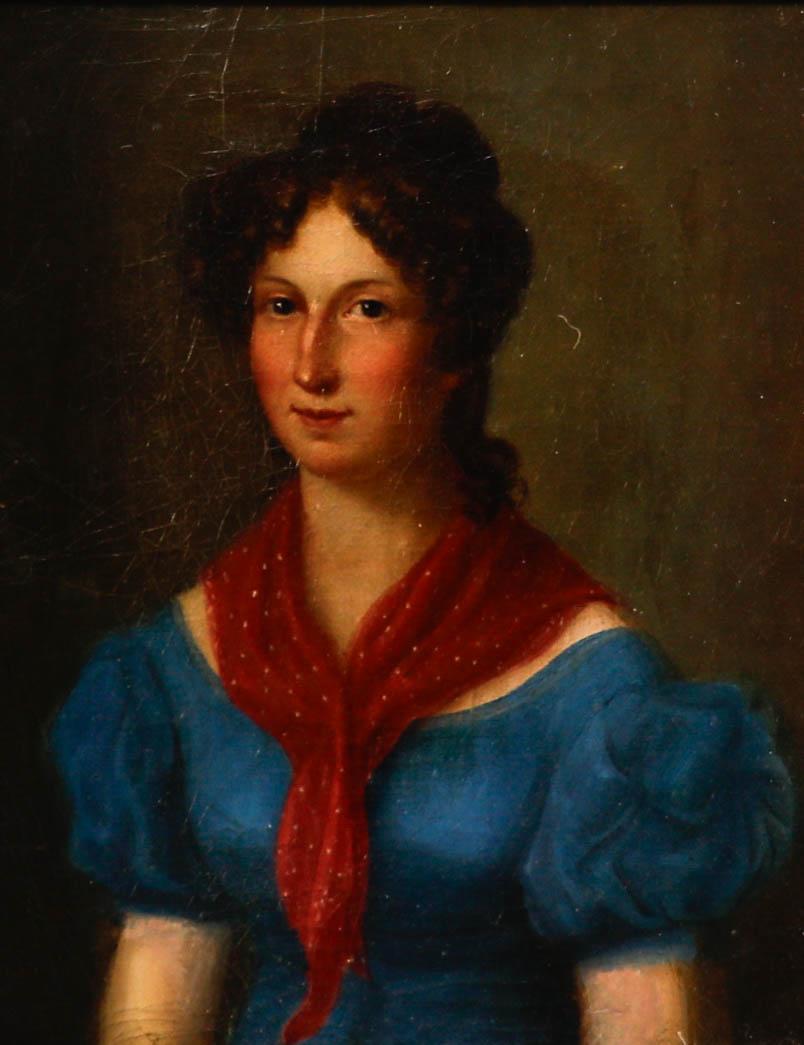 Fine Early 19th Century Oil - Beauty with a Red Silk Scarf - Painting by Unknown