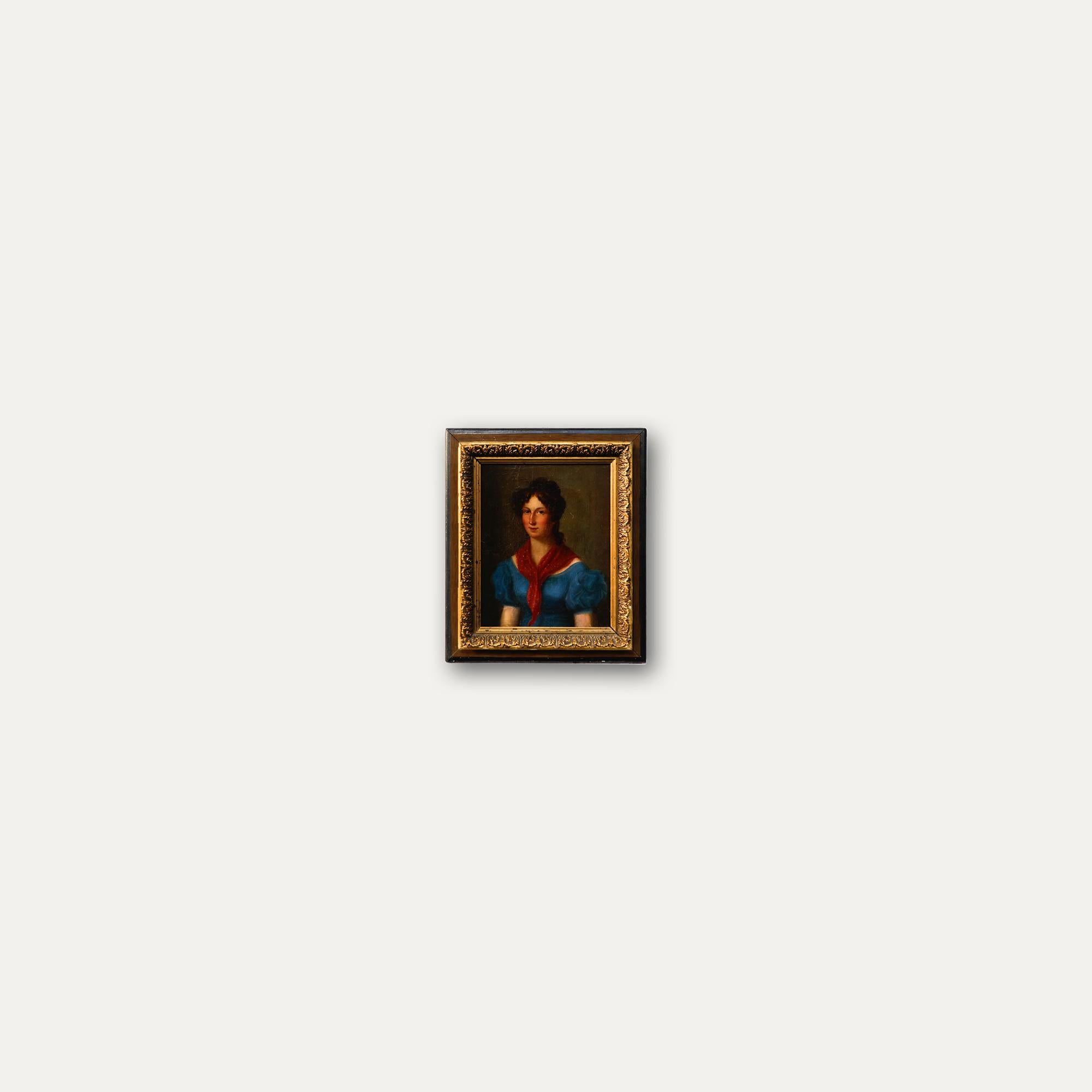 Fine Early 19th Century Oil - Beauty with a Red Silk Scarf 1