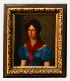 Antique Fine Early 19th Century Oil - Beauty with a Red Silk Scarf