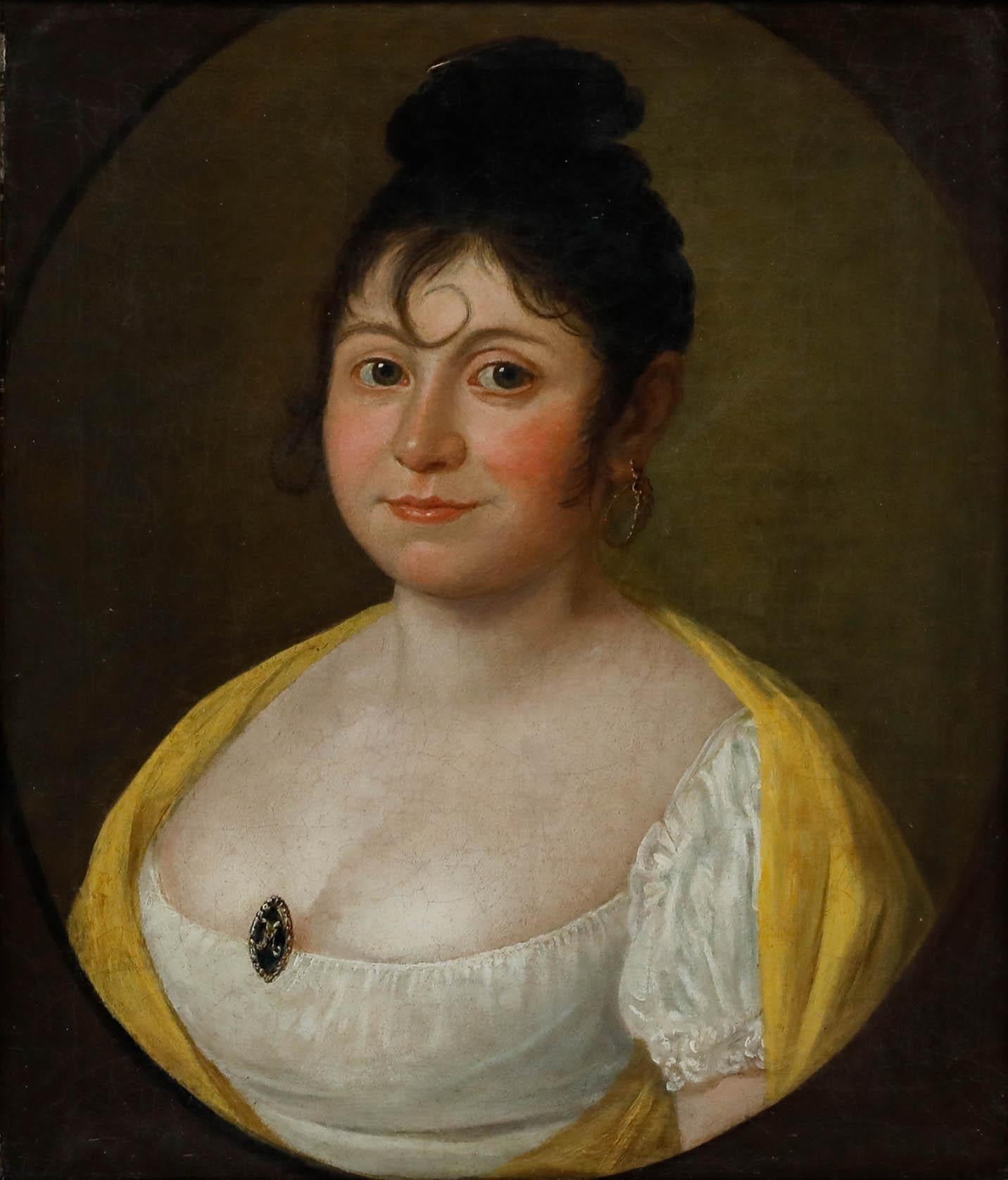 Fine Early 19th Century Oil - Lady in a Yellow Shawl - Painting by Unknown