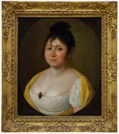 Antique Fine Early 19th Century Oil - Lady in a Yellow Shawl