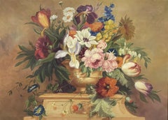 FINE ENGLISH CLASSICAL STILL LIFE OIL PAINTING - ORNATE FLOWERS IN VASE/ PLINTH
