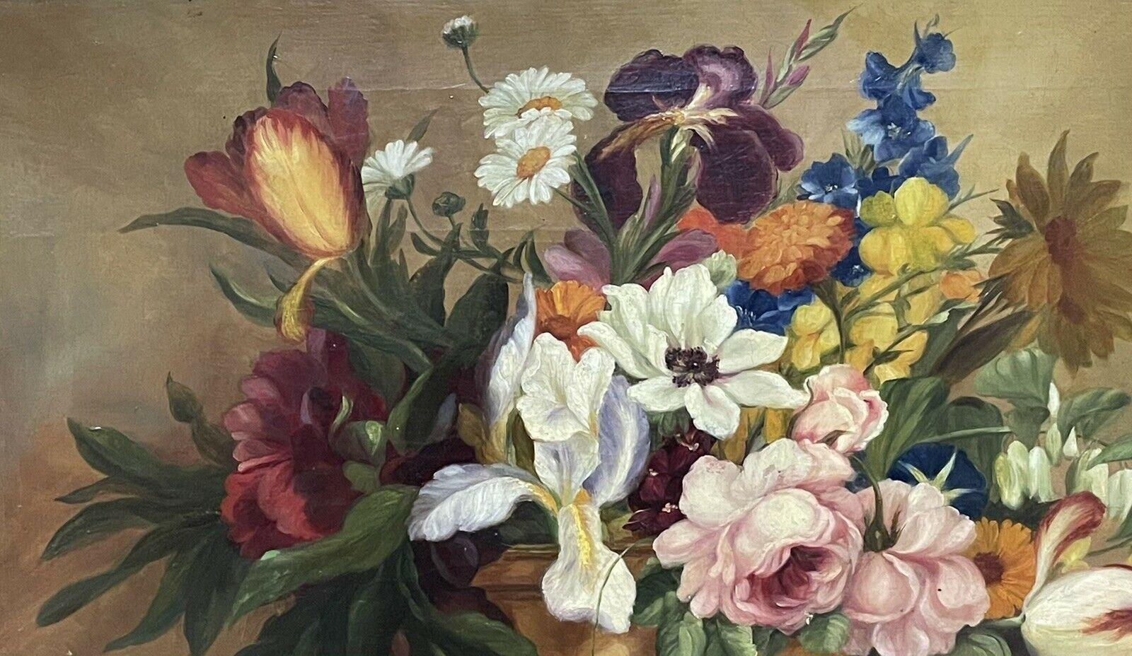 FINE ENGLISH CLASSICAL STILL LIFE OIL PAINTING - ORNATE FLOWERS IN VASE/ PLINTH - Brown Still-Life Painting by Unknown