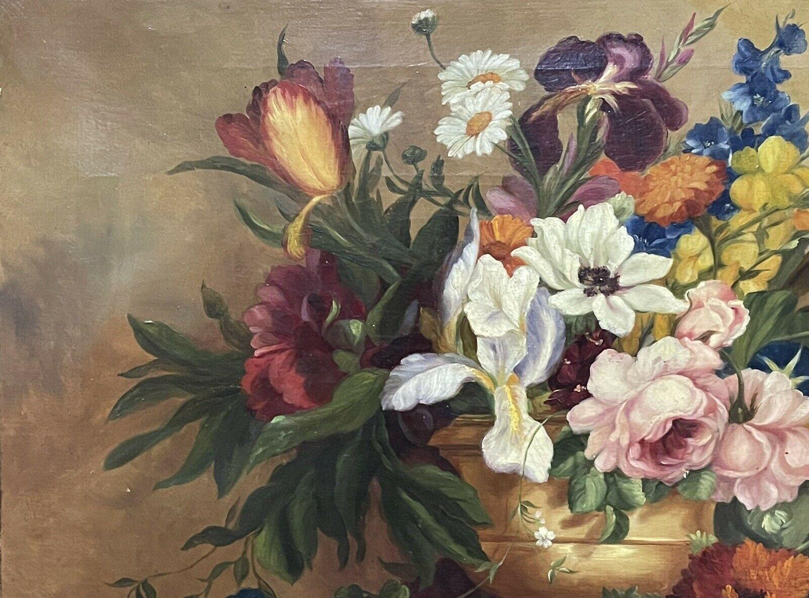 Artist/ School: English School, early 20th century.

Title: Classical Still Life of Flowers

Medium: oil painting on canvas, framed

Size: painting: 17 x 23 inches, frame: 20.5 x 26.75 inches

Provenance: from a private collection in