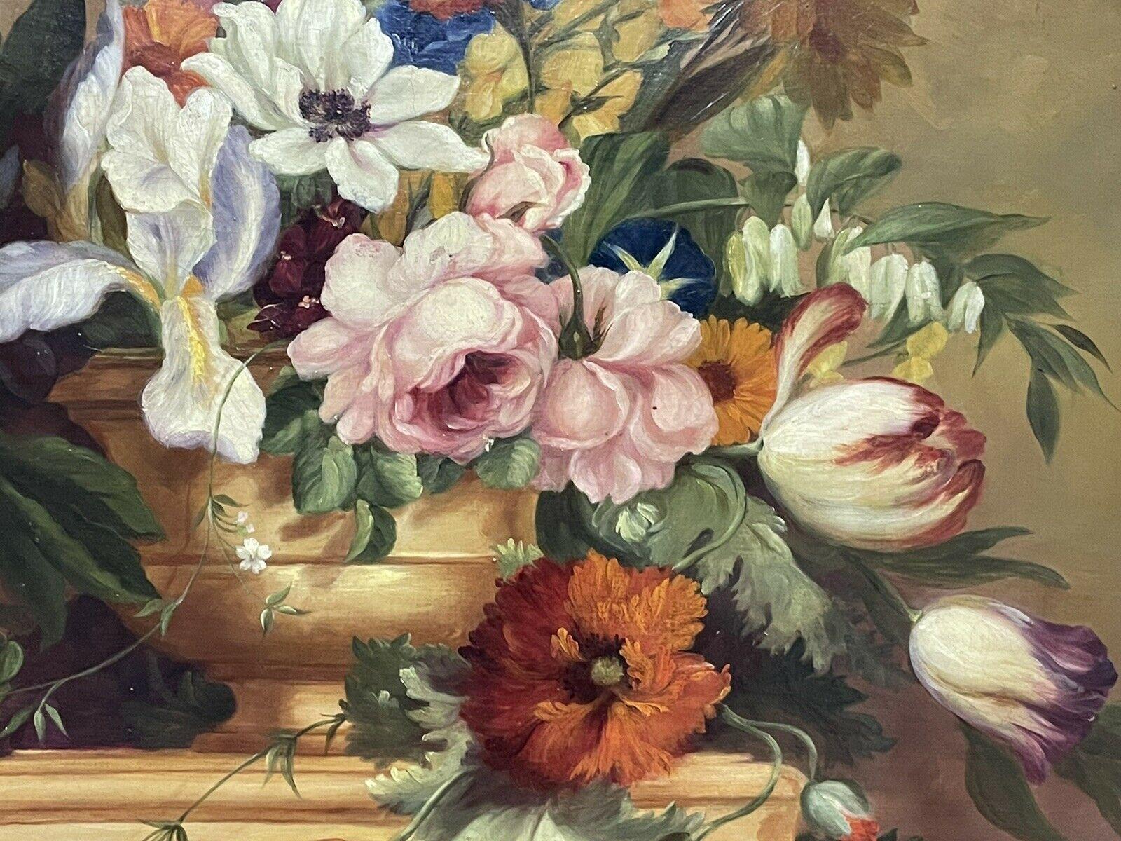FINE ENGLISH CLASSICAL STILL LIFE OIL PAINTING - ORNATE FLOWERS IN VASE/ PLINTH 1