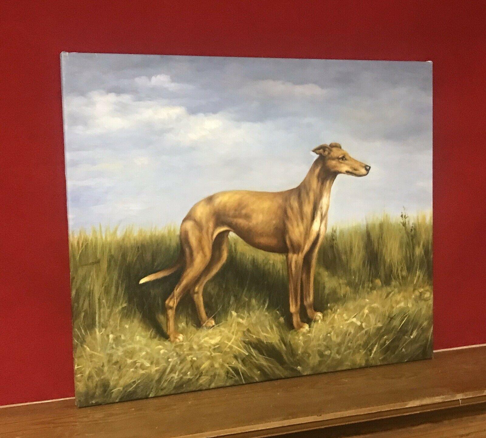 FINE ENGLISH DOG PAINTING - LURCHER STANDING PROUDLY IN LANDSCAPE - Painting by Unknown