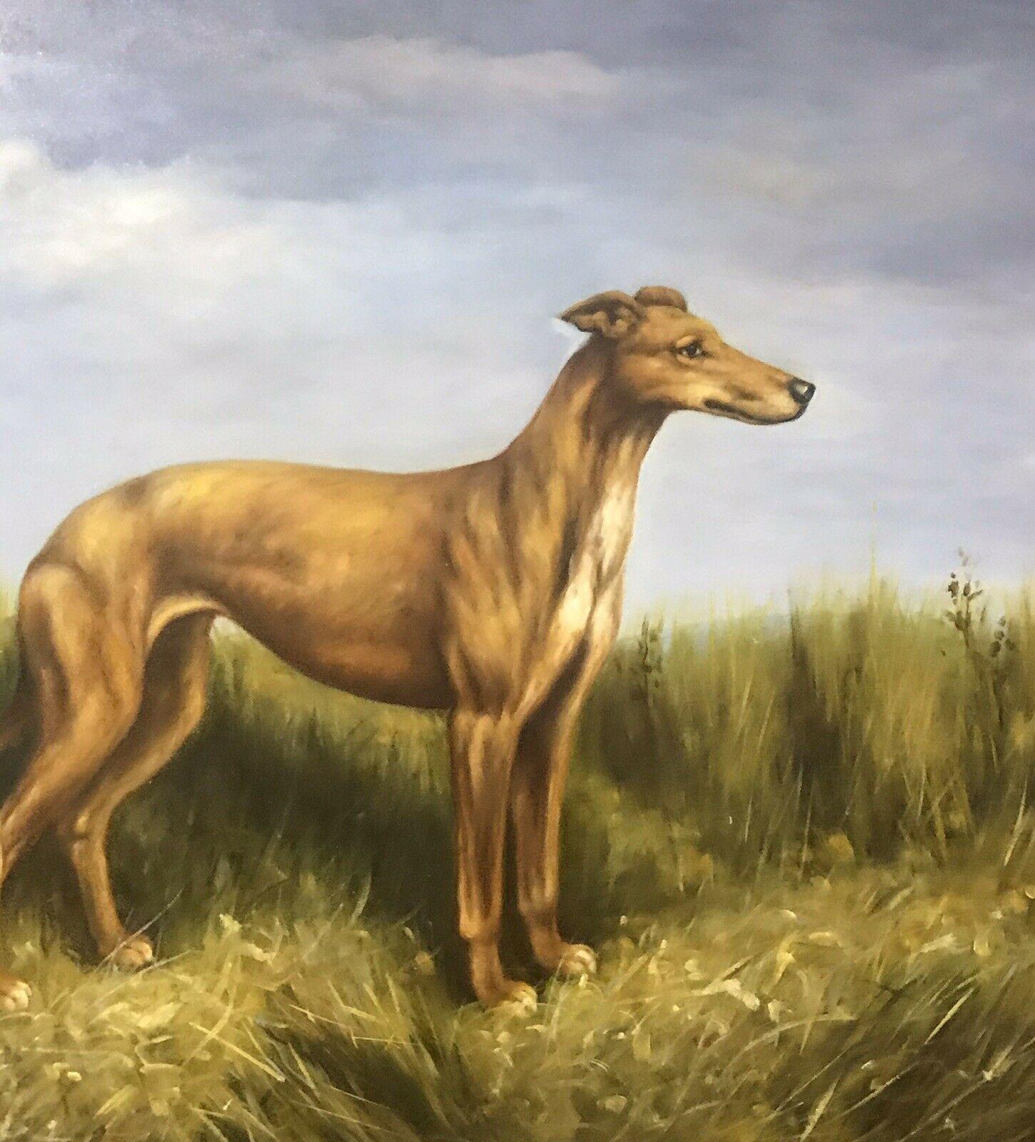 FINE ENGLISH DOG PAINTING - LURCHER STANDING PROUDLY IN LANDSCAPE - Victorian Painting by Unknown