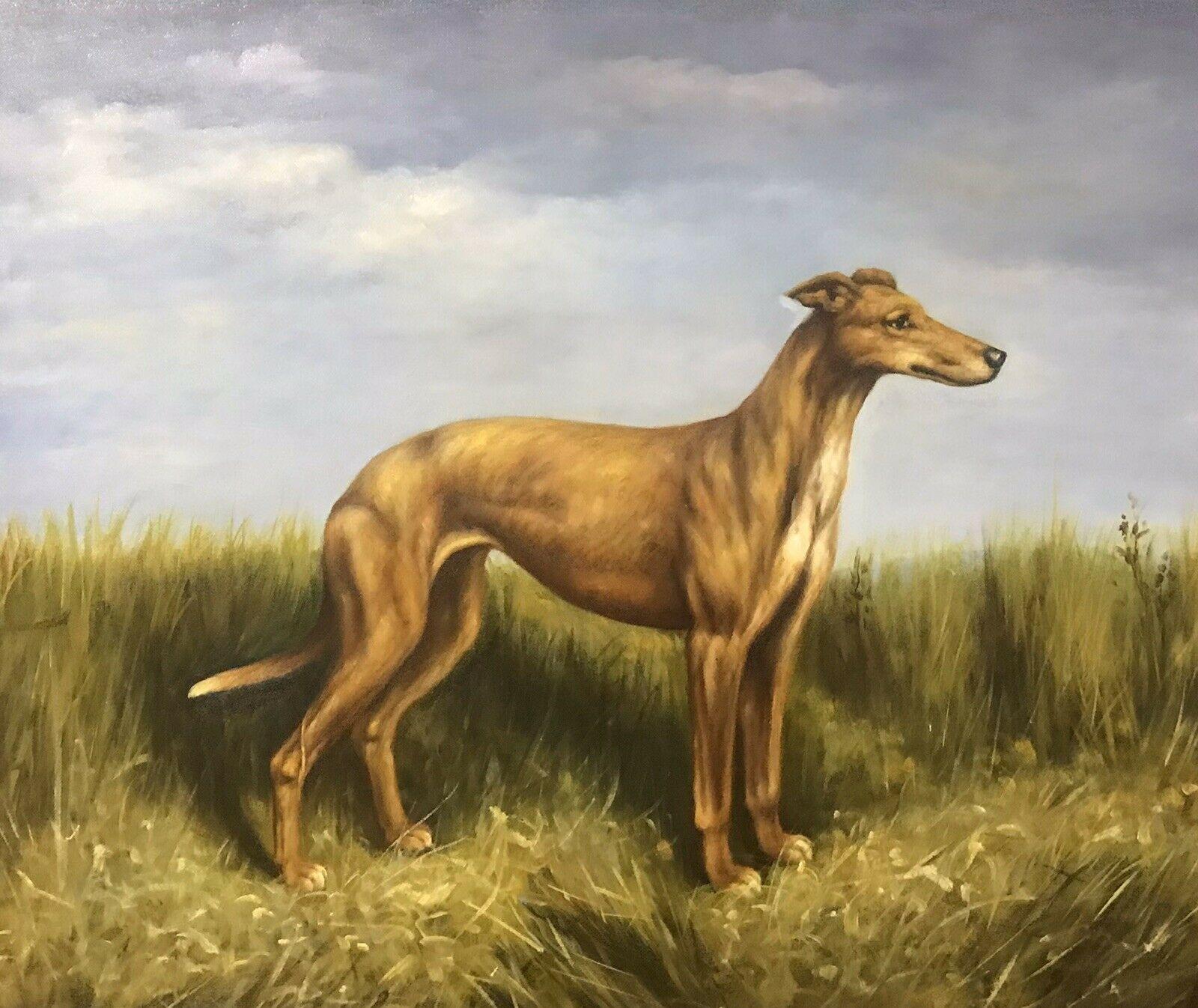 FINE ENGLISH DOG PAINTING - LURCHER STANDING PROUDLY IN LANDSCAPE