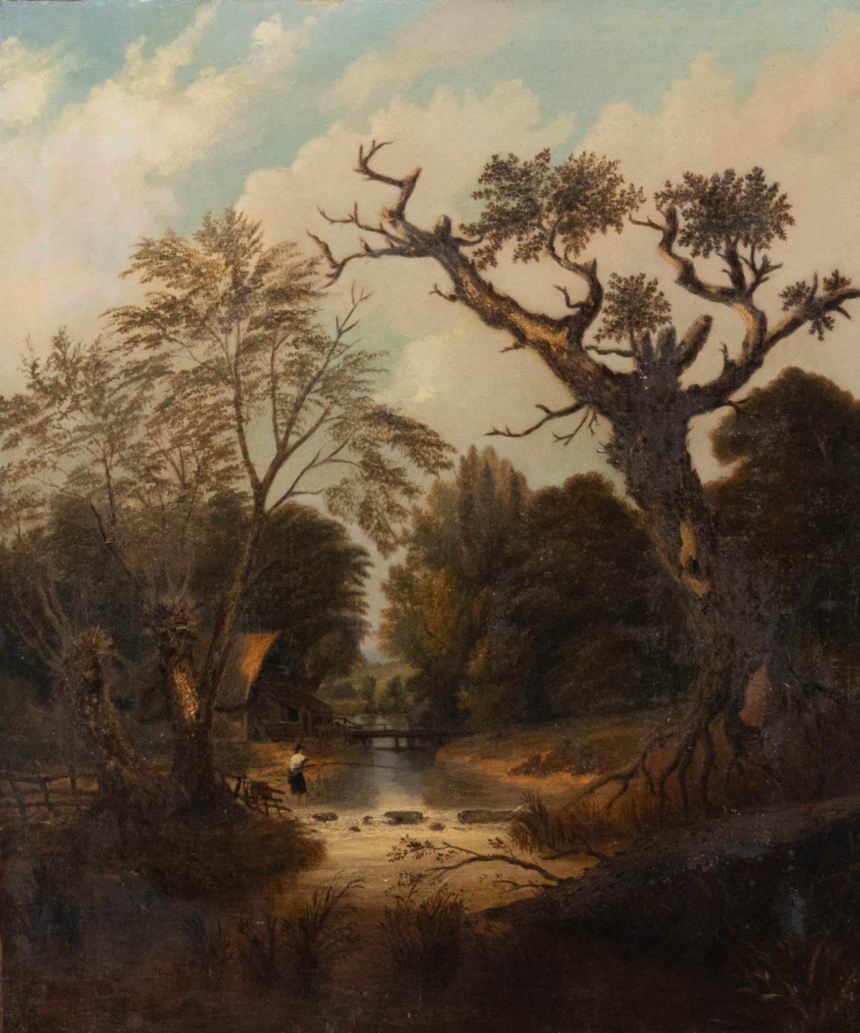 Fine English School 19th Century Oil - Fishing in the River - Painting by Unknown